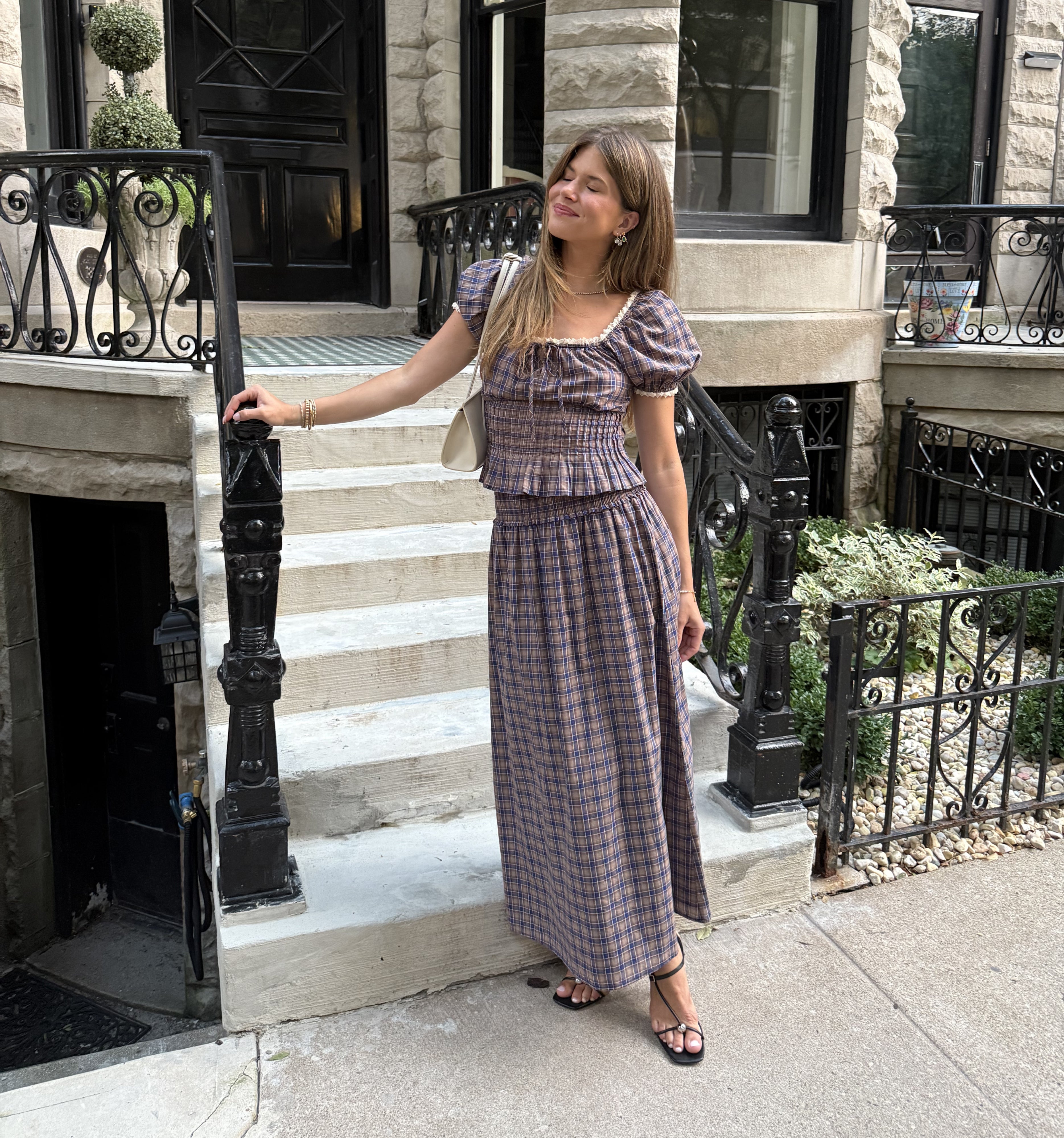 The Paulina Top and The Delphine Nap Skirt in Brown Spencer Plaid color: Brown Spencer Plaid 