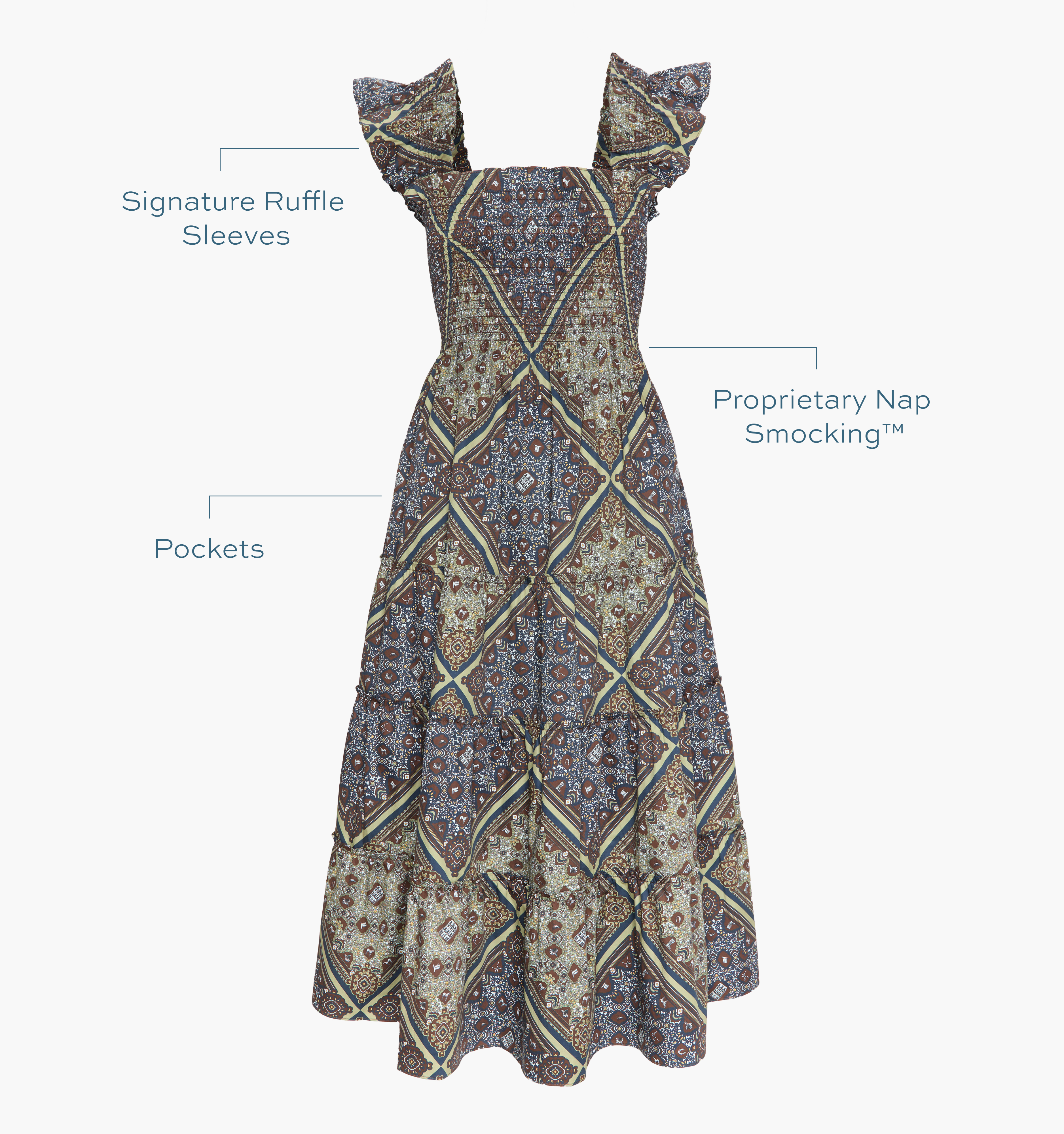 The Ellie Nap Dress in Olive Equestrian Scarf. Signature ruffle sleeves, proprietary Nap Smocking™, Pockets color: Olive Equestrian Scarf