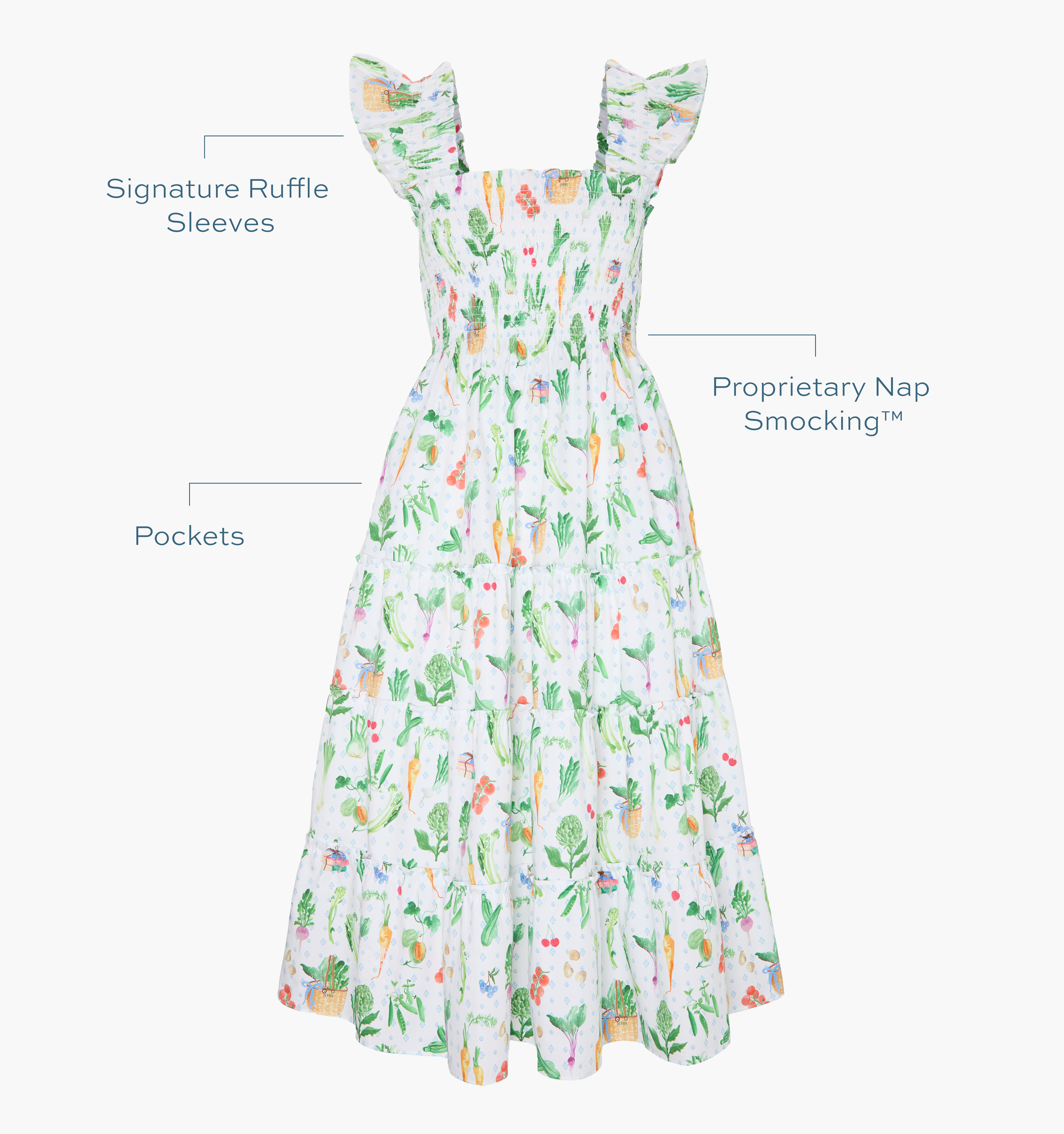 Signature ruffle sleeves, proprietary Nap Smocking™, Pockets color: farmer's market