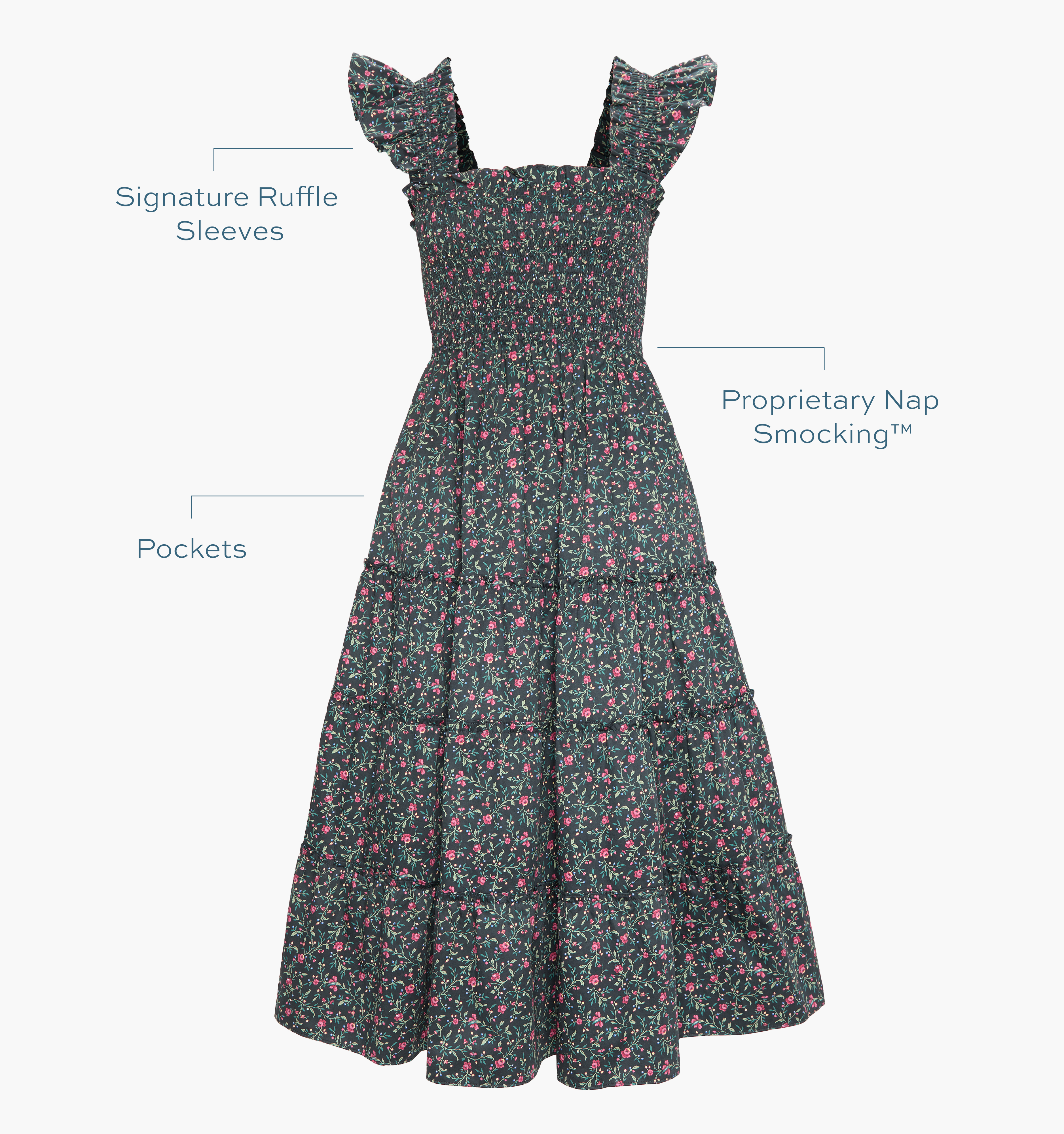 The Ellie Nap Dress in Florentine Ditsy. Signature ruffle sleeves, proprietary Nap Smocking™, Pockets color: Florentine Ditsy