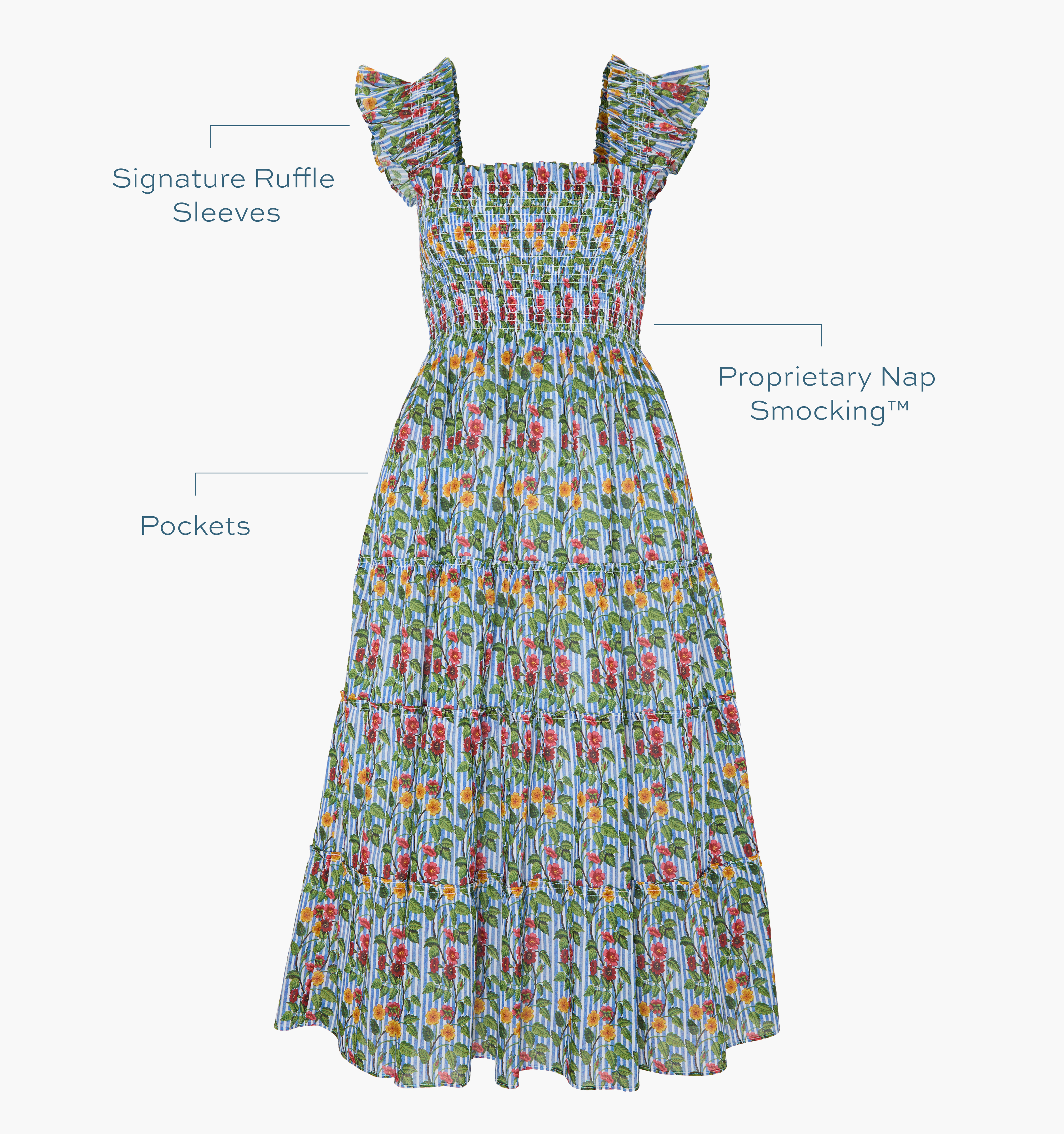 Signature ruffle sleeves, proprietary Nap Smocking™, Pockets color: geranium stripe