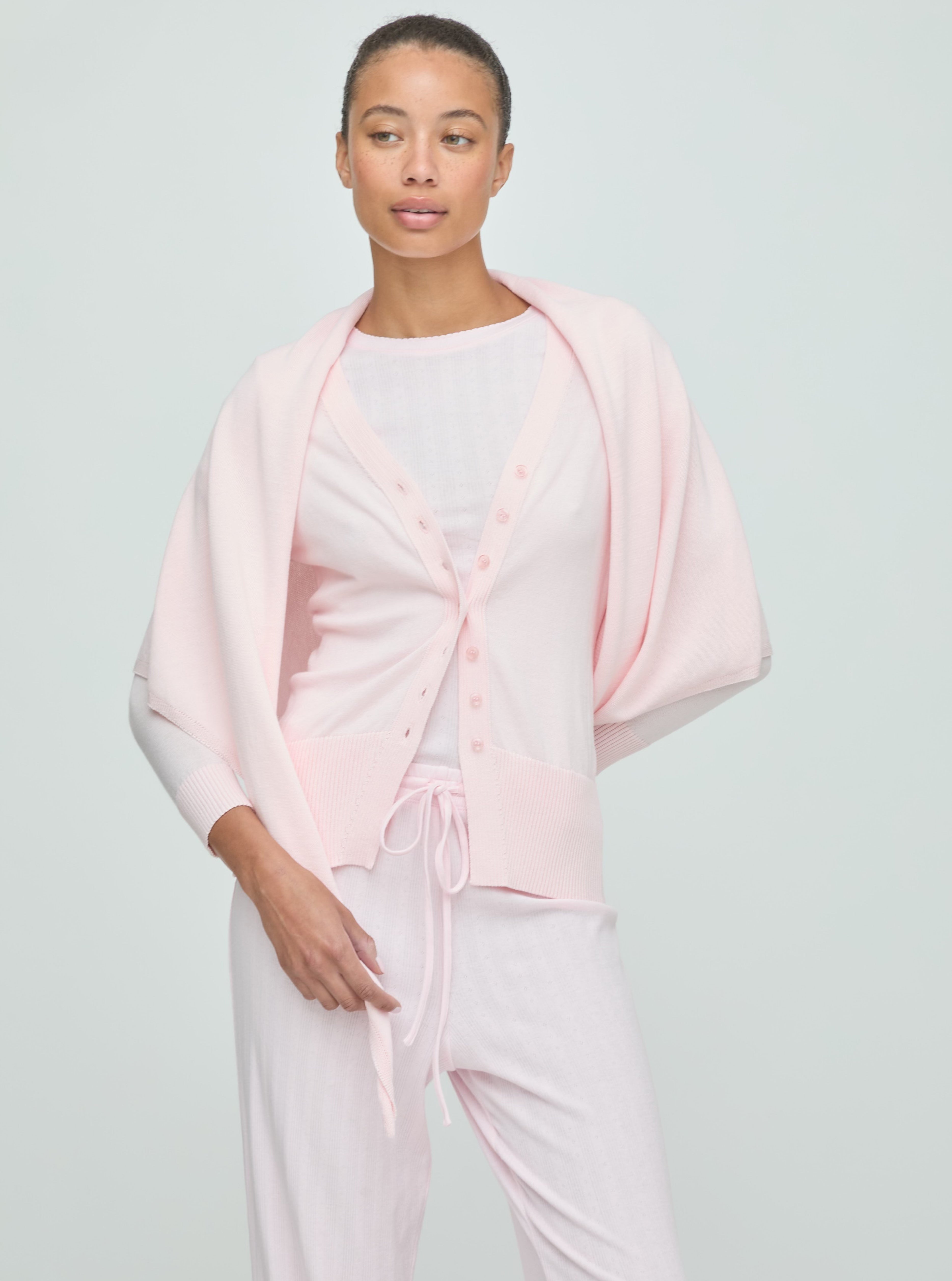 The Amal Cardigan and Cleo Pointelle Set in Soft Pink color: Soft Pink