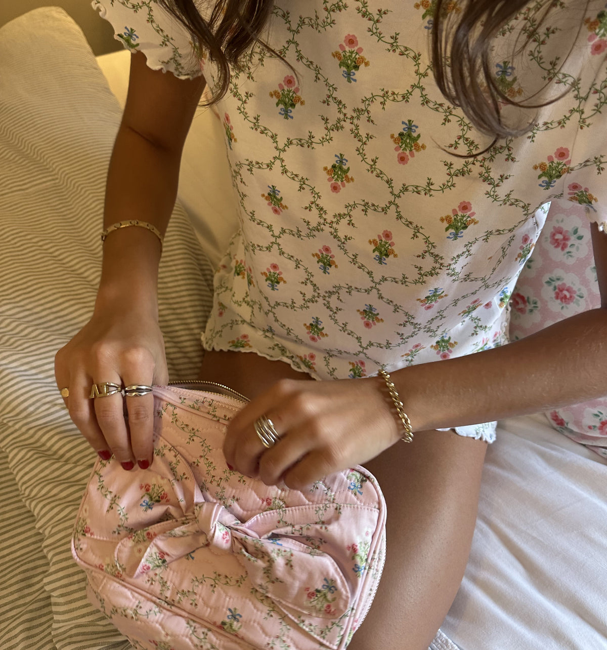 The Nina Pajama Set in Pastel Trellis and Bow Top Quilted Cosmetic Bag in Pink Trellis