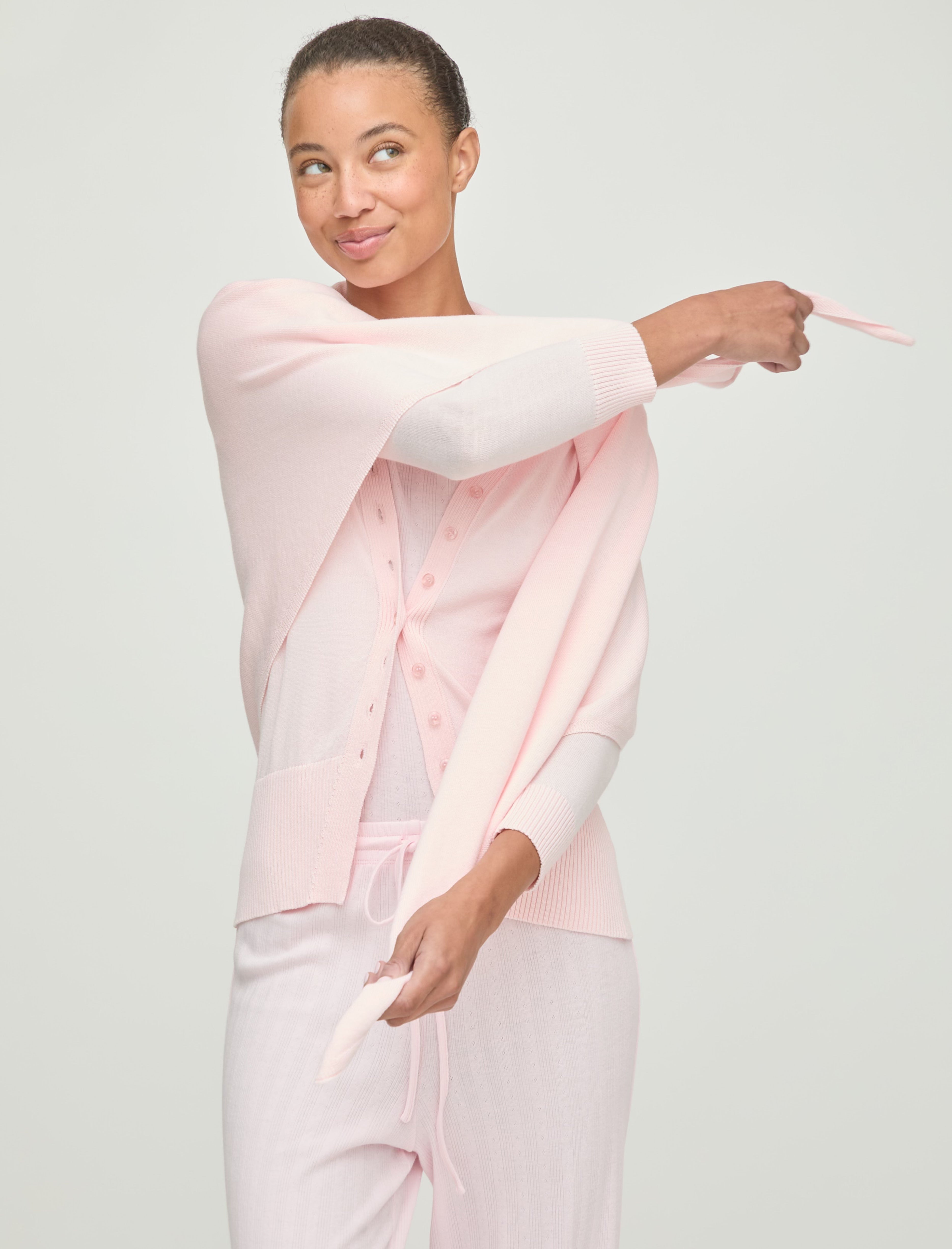 The Amal Cardigan and Cleo Pointelle Set in Soft Pink color: Soft Pink
