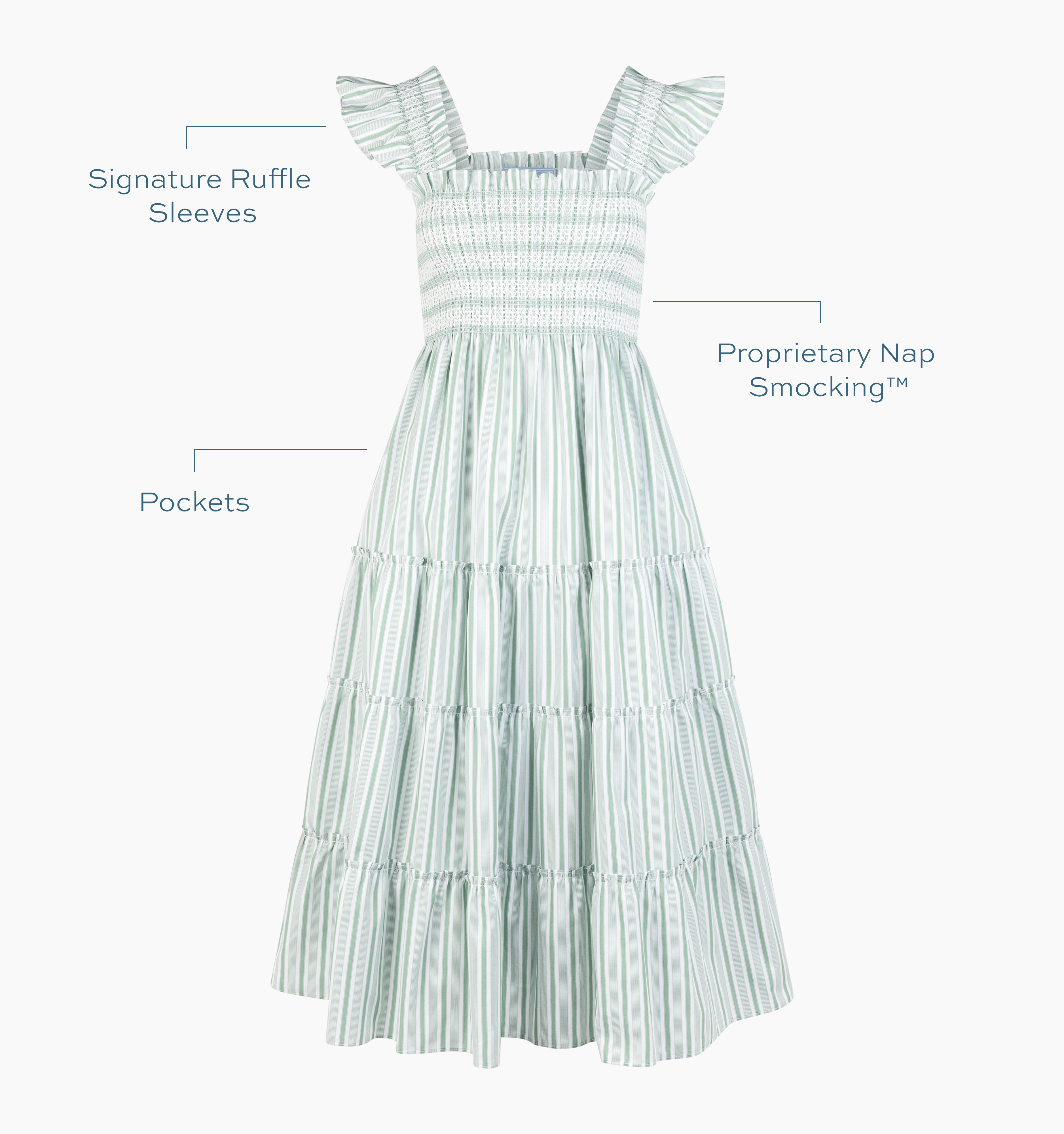Signature ruffle sleeves, proprietary Nap Smocking™, Pockets color: apple green stripe