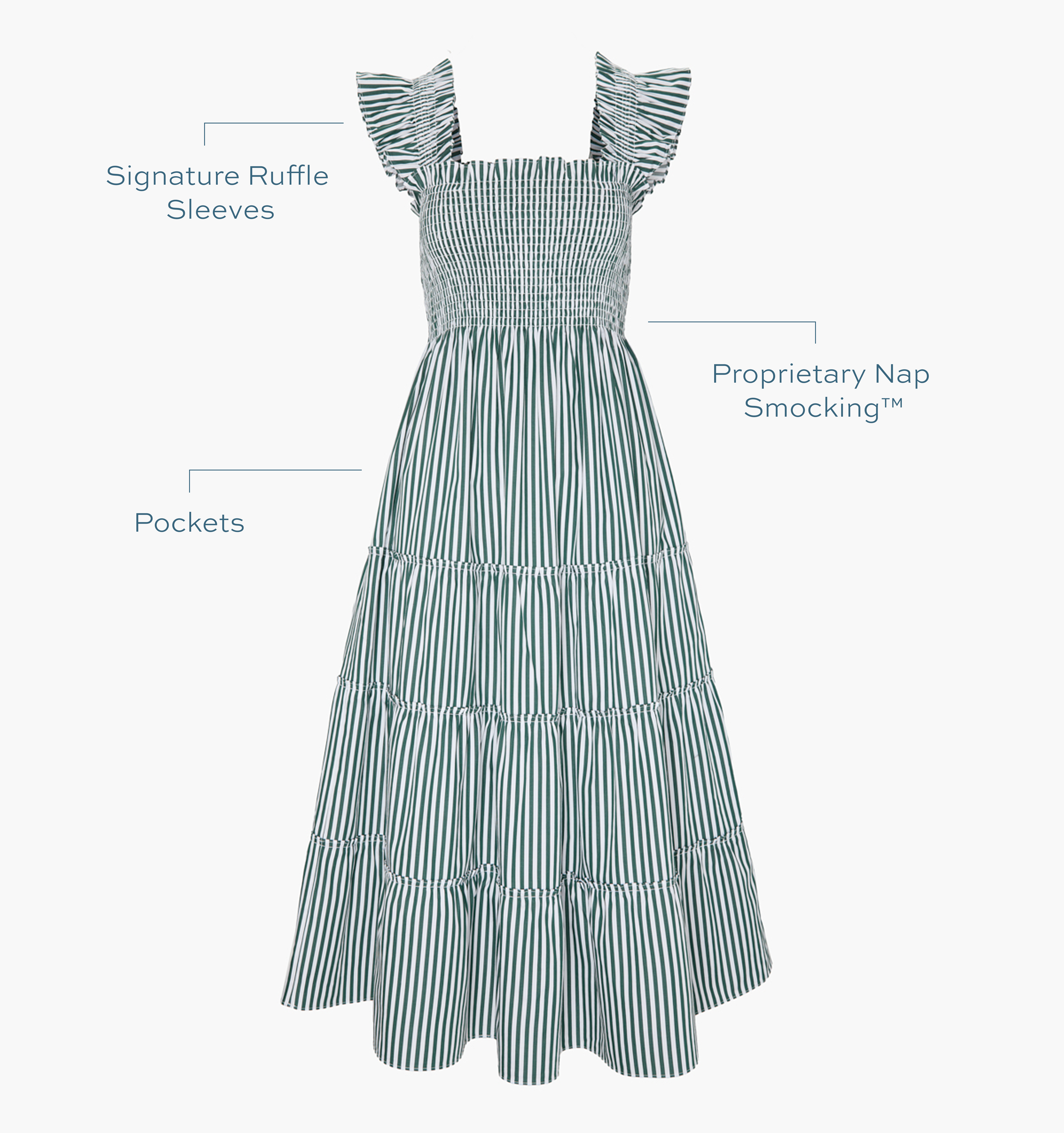 Signature ruffle sleeves, proprietary Nap Smocking™, Pockets color: green stripe