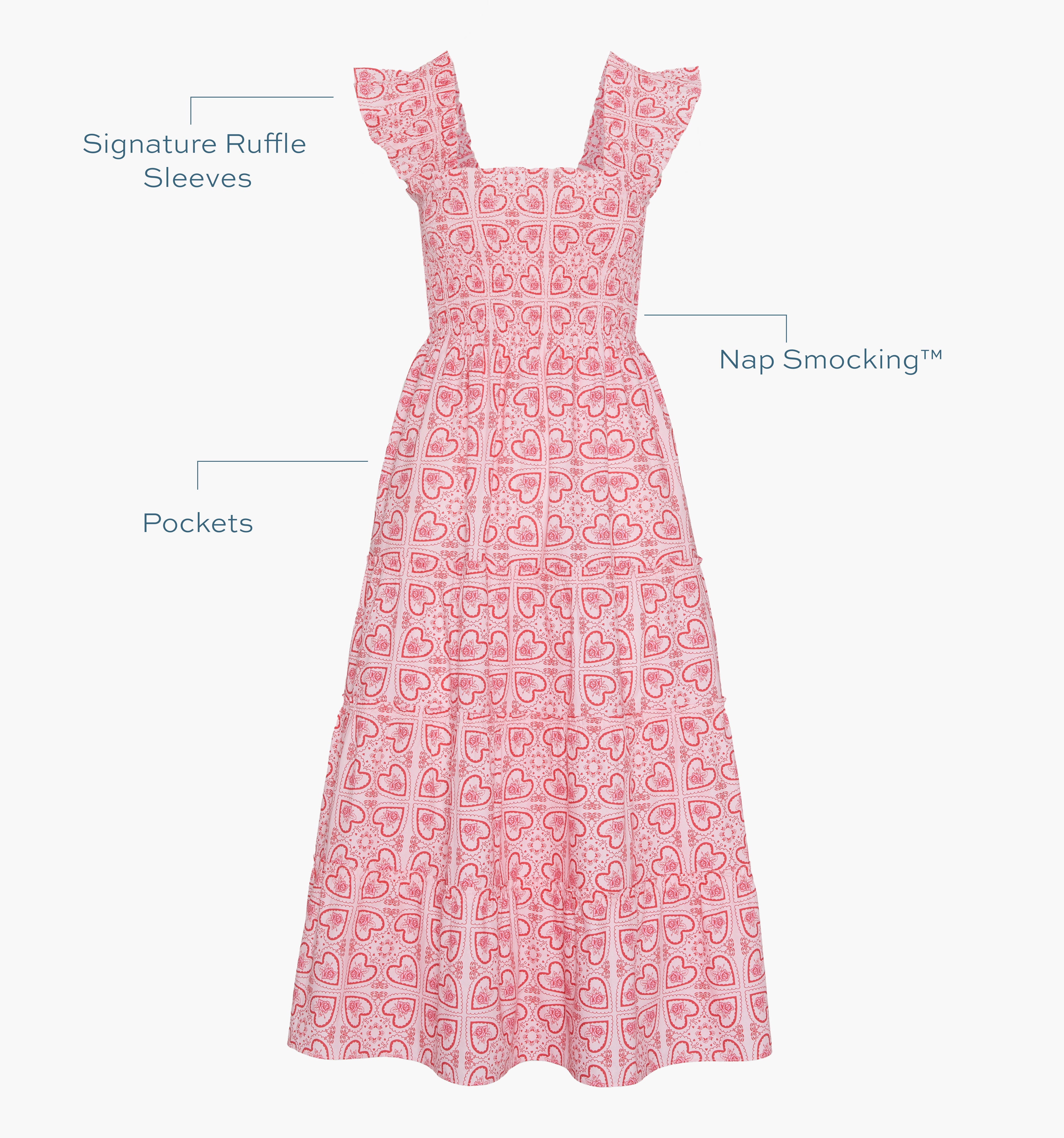 Image of a Nap Dress with text highlighting it's Signature ruffle sleeves, Nap Smocking™,  and Pockets color: Red Patchwork Doily Heart