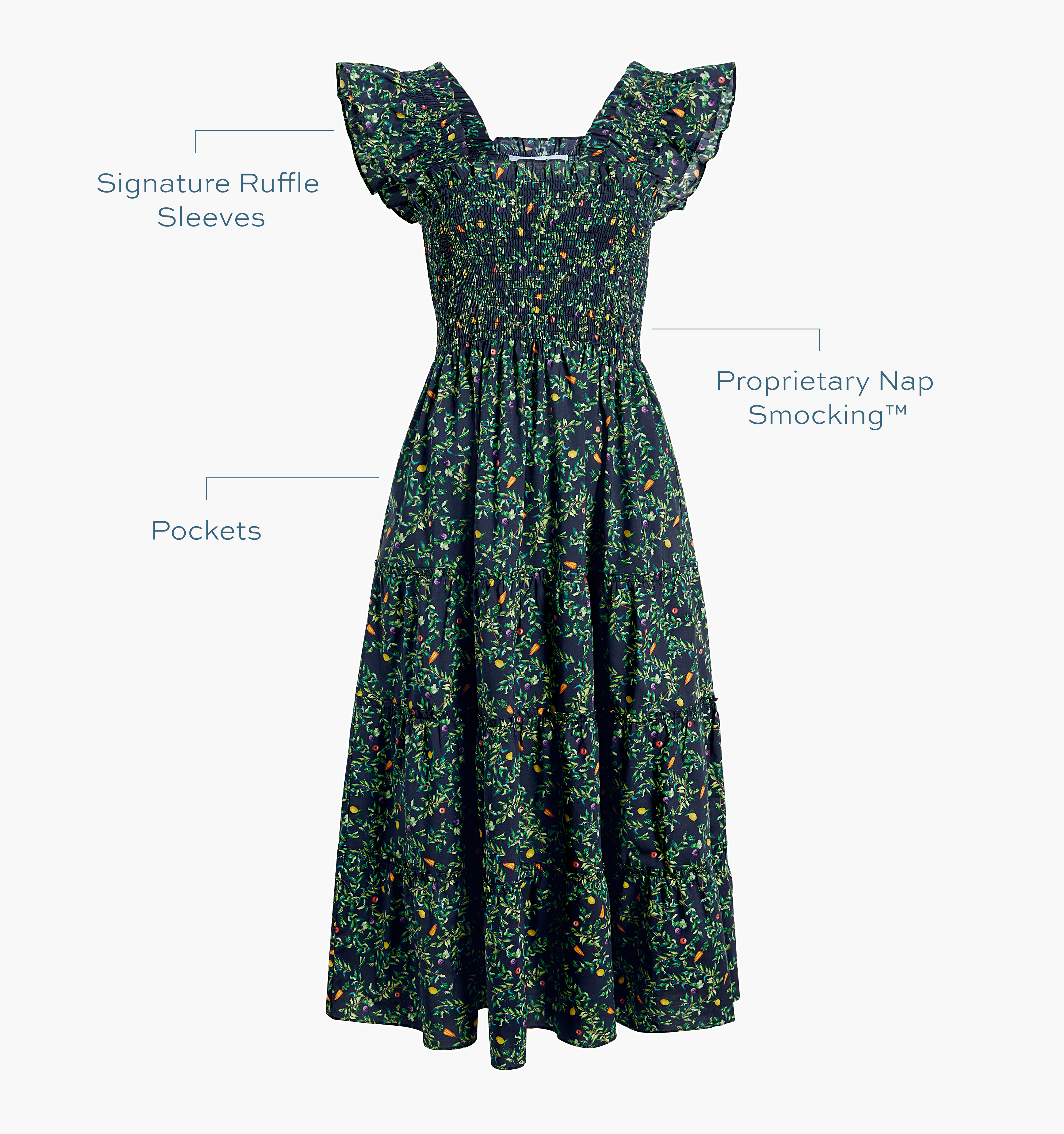 Signature ruffle sleeves, proprietary Nap Smocking™, Pockets color: midnight garden poplin