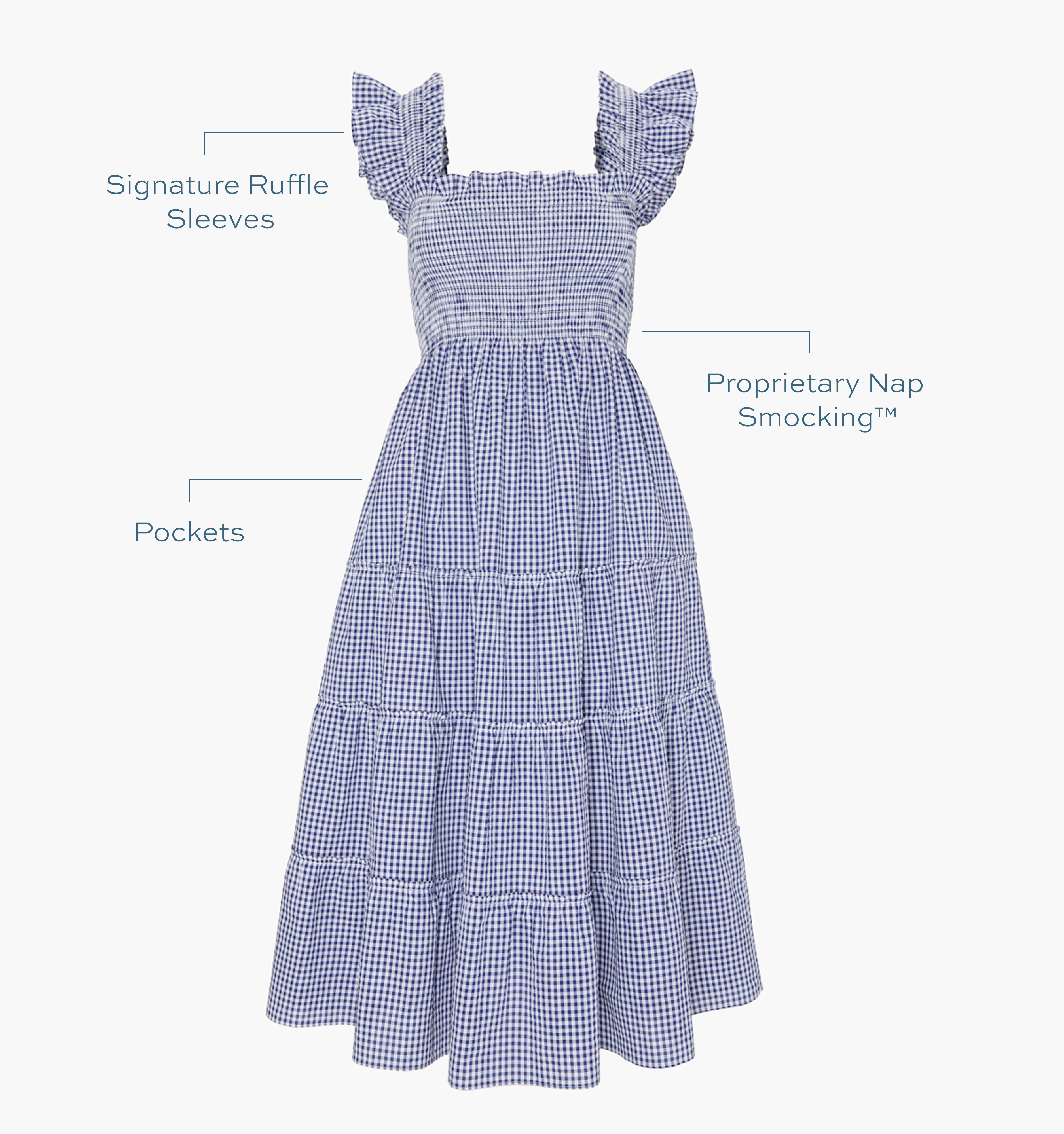Signature ruffle sleeves, proprietary Nap Smocking™, Pockets color: navy gingham