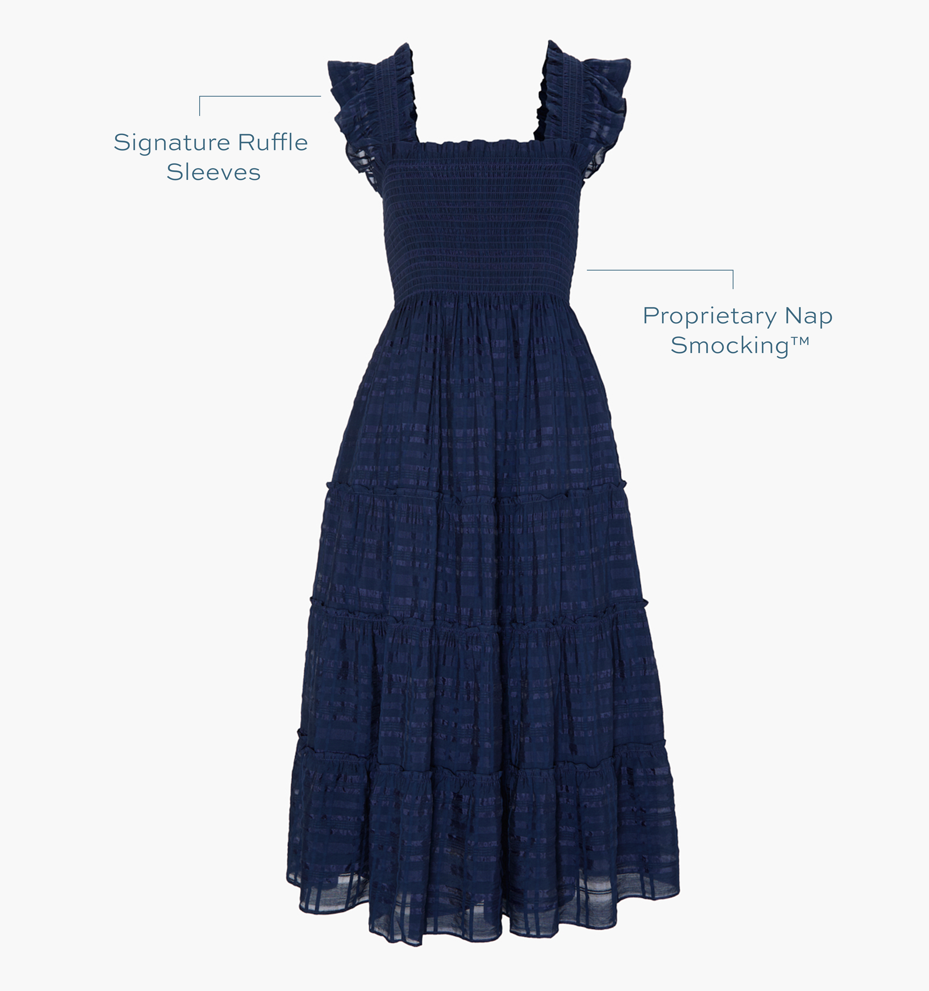 Signature ruffle sleeves, proprietary Nap Smocking™, Pockets color: navy sheer plaid