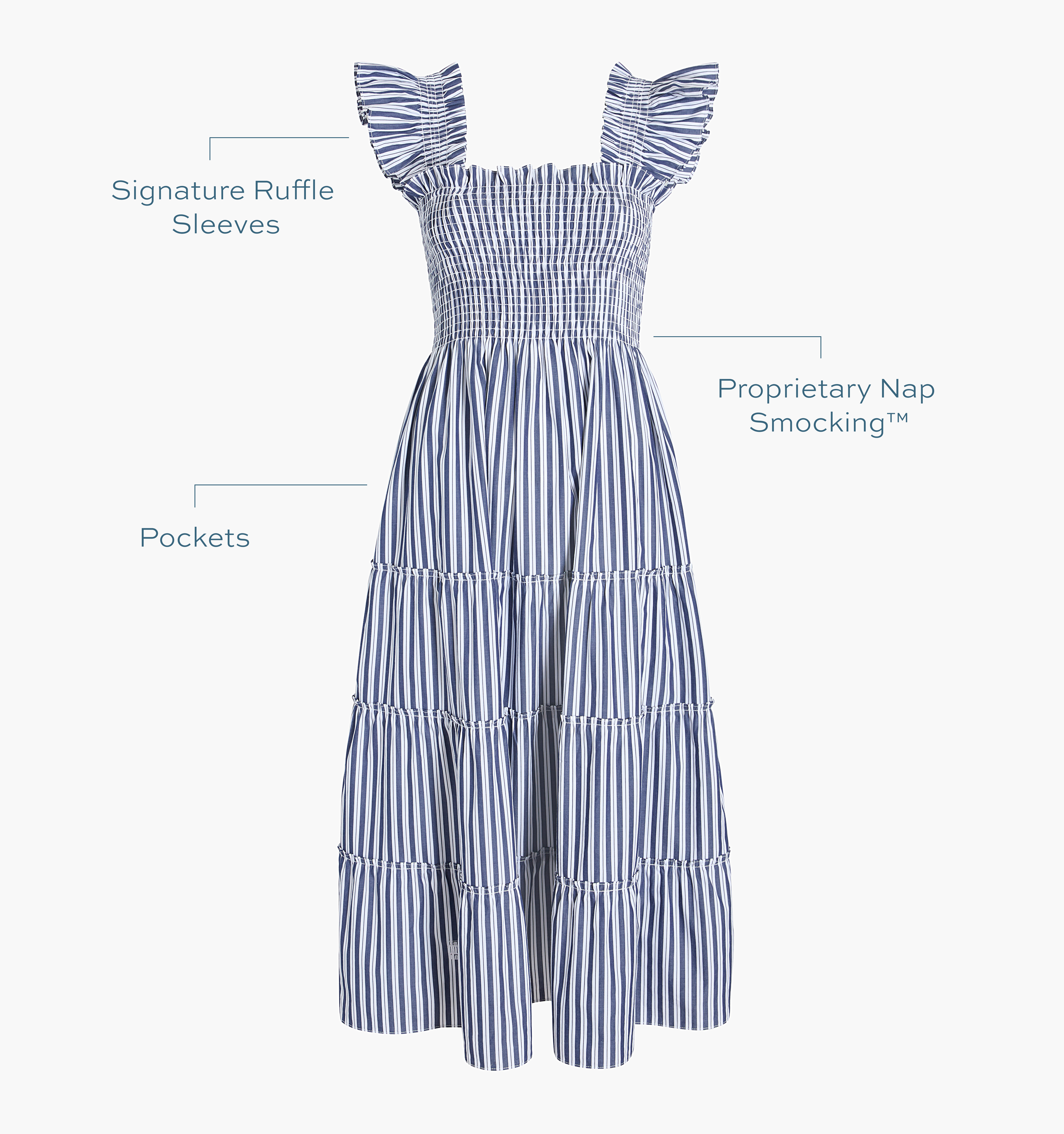 Signature ruffle sleeves, proprietary Nap Smocking™, Pockets color: navy stripe