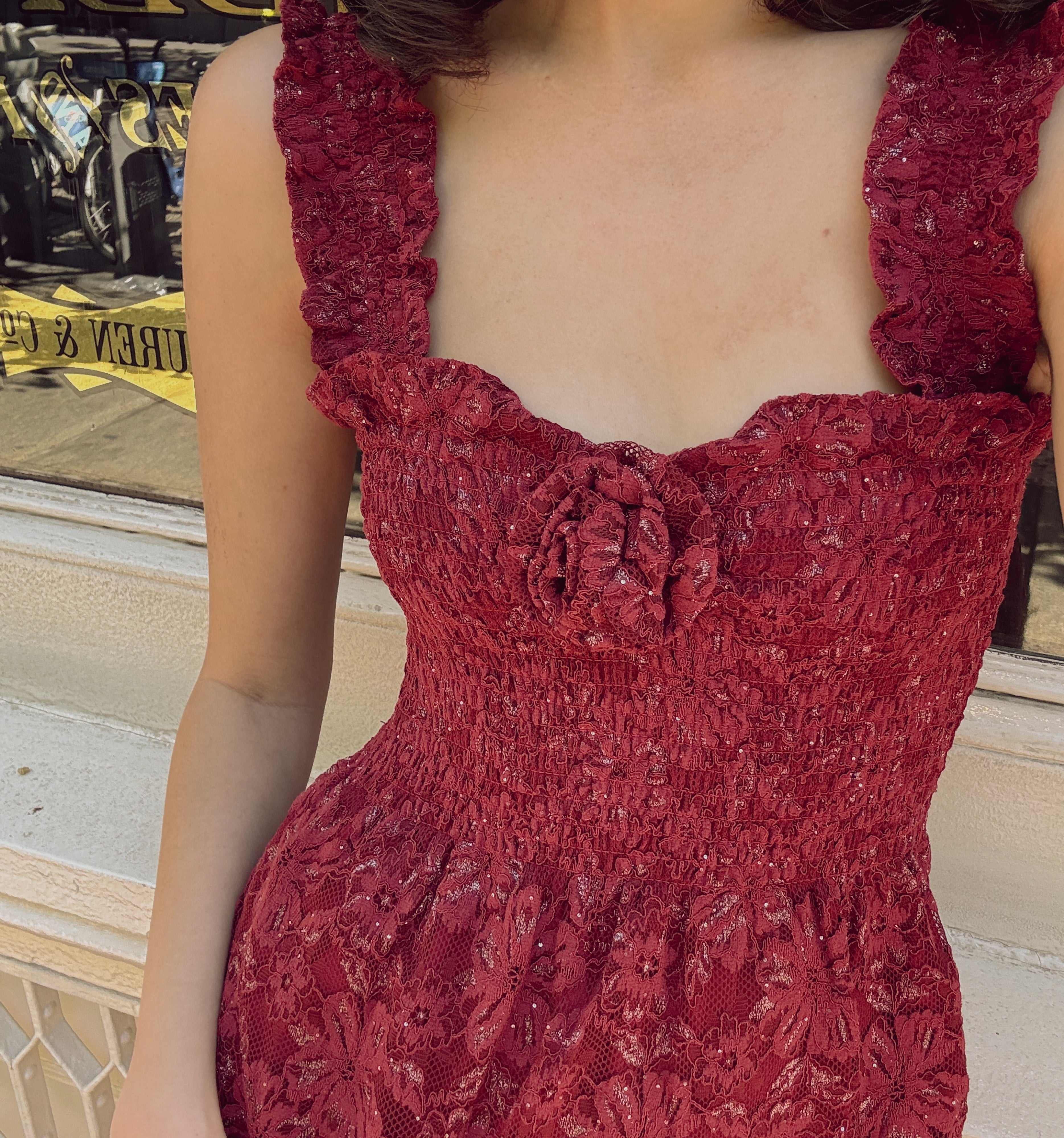 The Rosetta Nap Dress in Claret Lace color: Claret Lace 