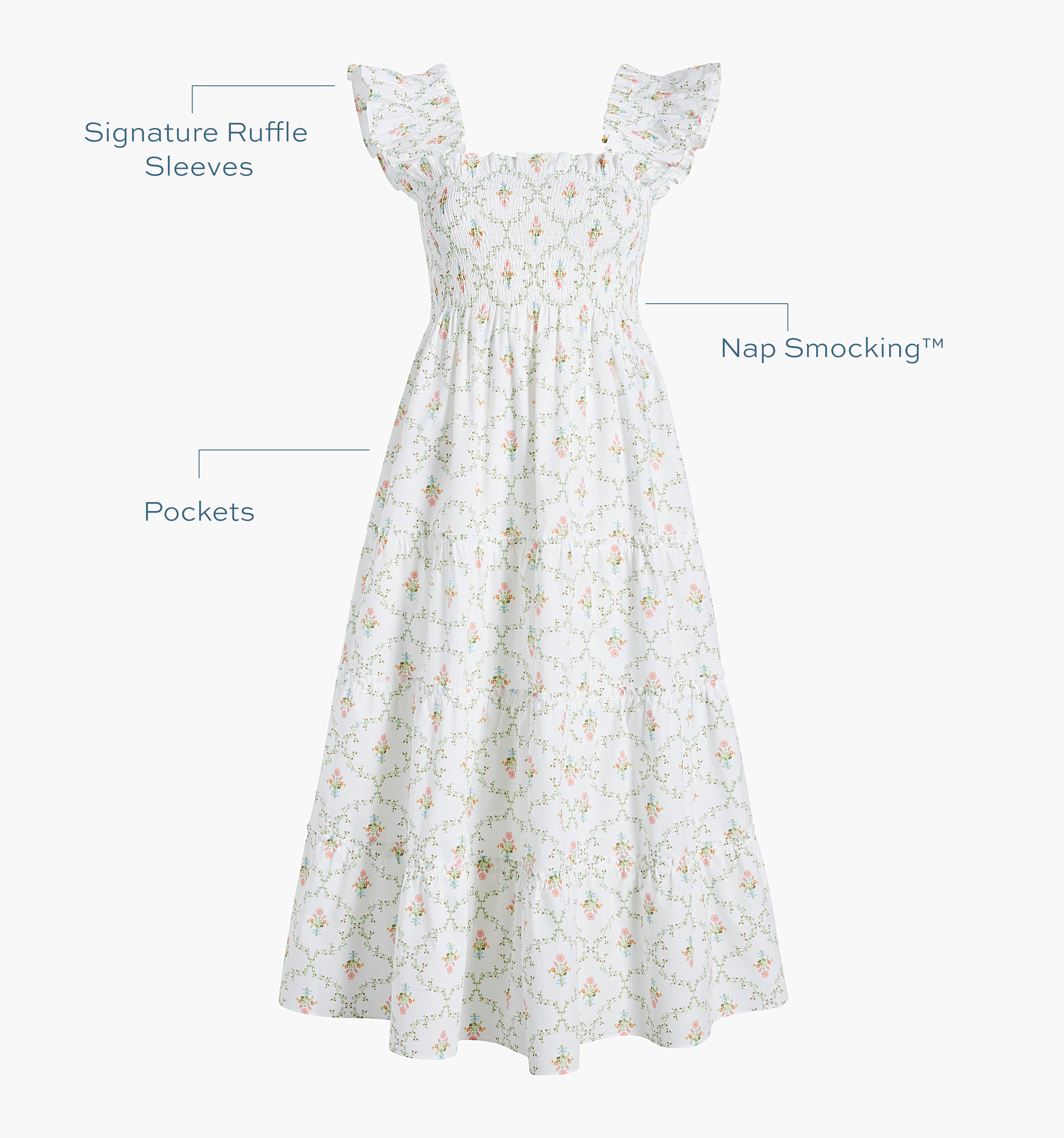 Image of a Nap Dress with text highlighting it's Signature ruffle sleeves, Nap Smocking™,  and Pockets color: Pastel Trellis