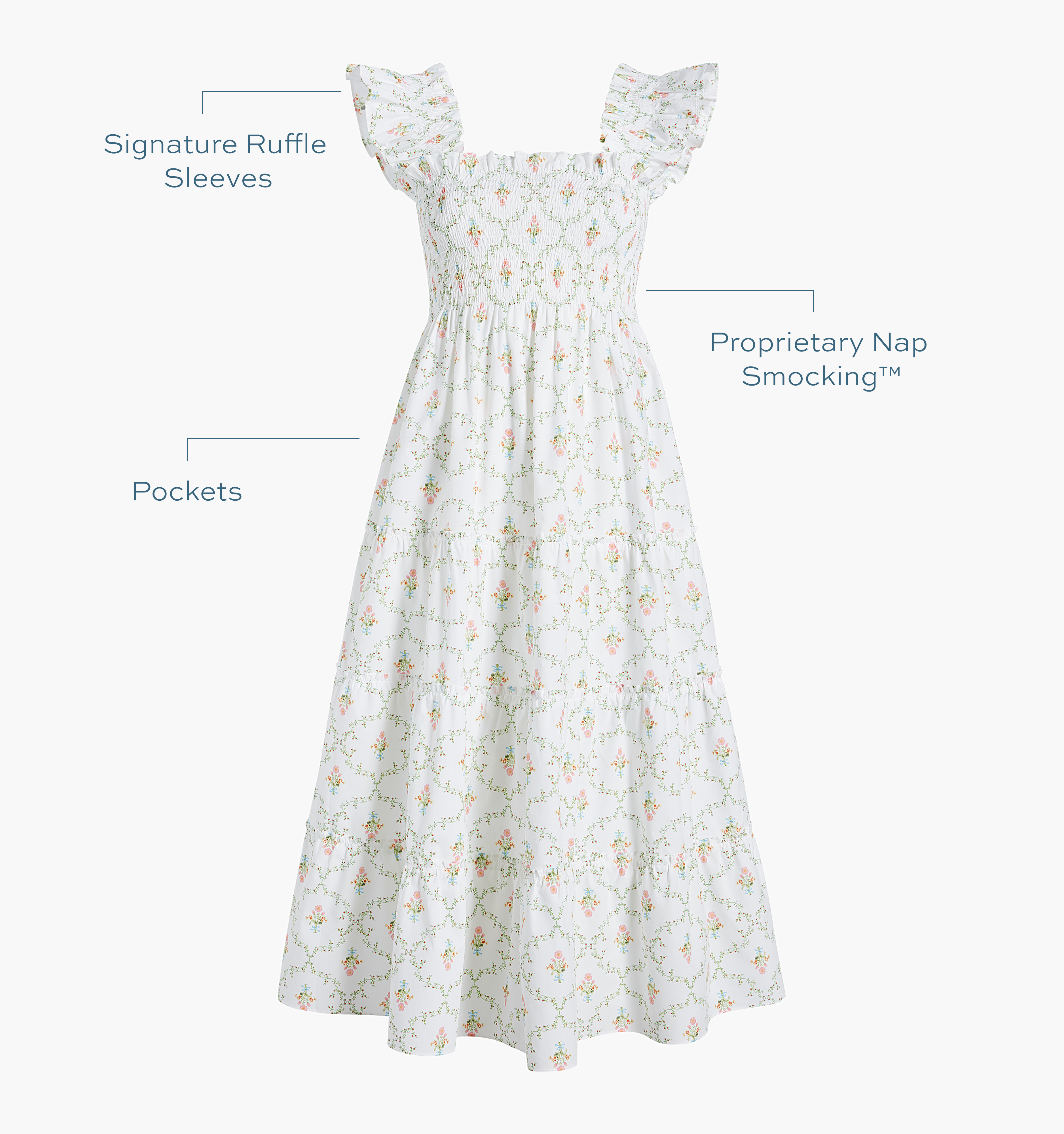 Signature ruffle sleeves, proprietary Nap Smocking™, Pockets color: pastel trellis