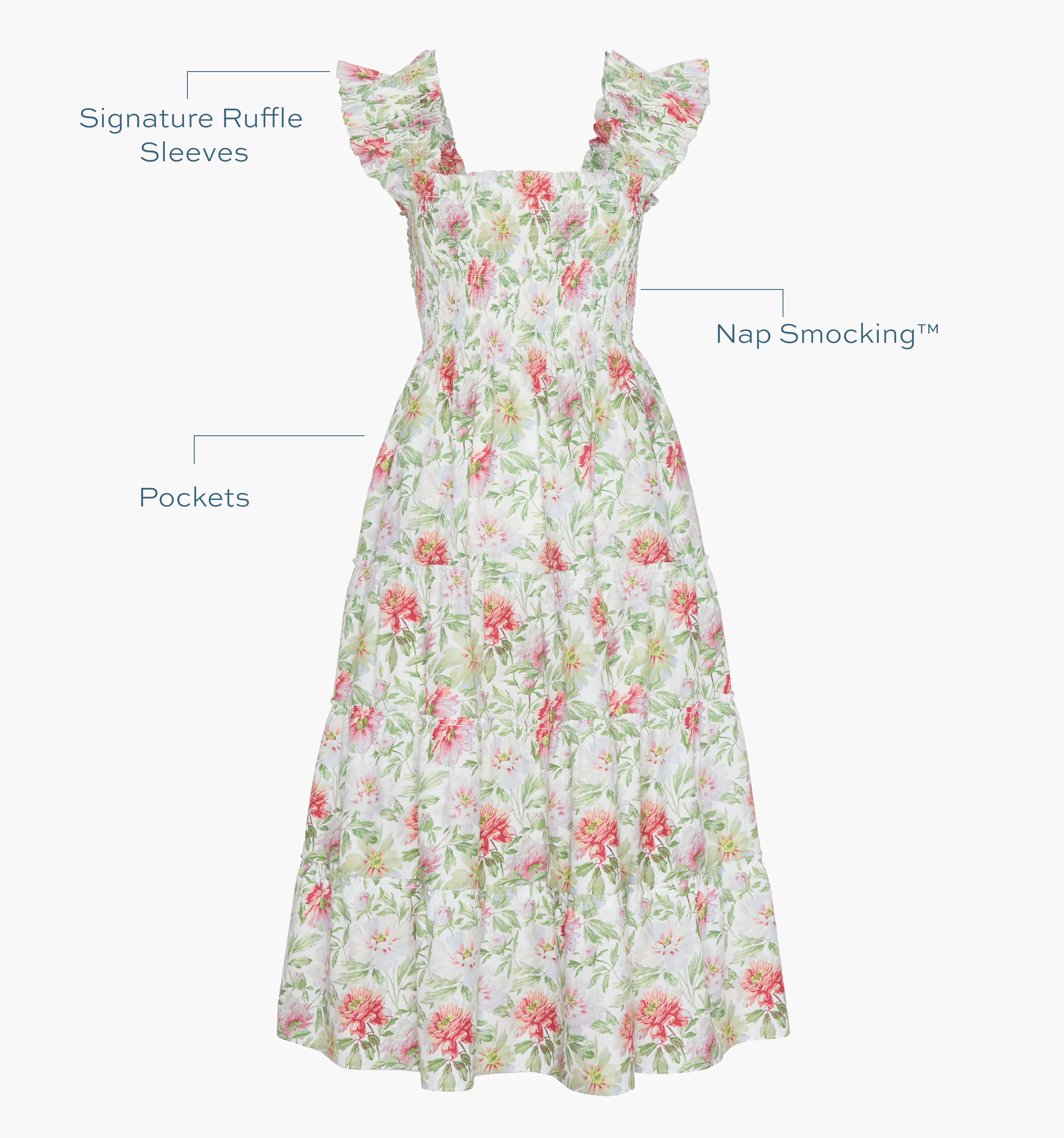 Image of a Nap Dress with text highlighting it's Signature ruffle sleeves, Nap Smocking™,  and Pockets color: Peony Chintz