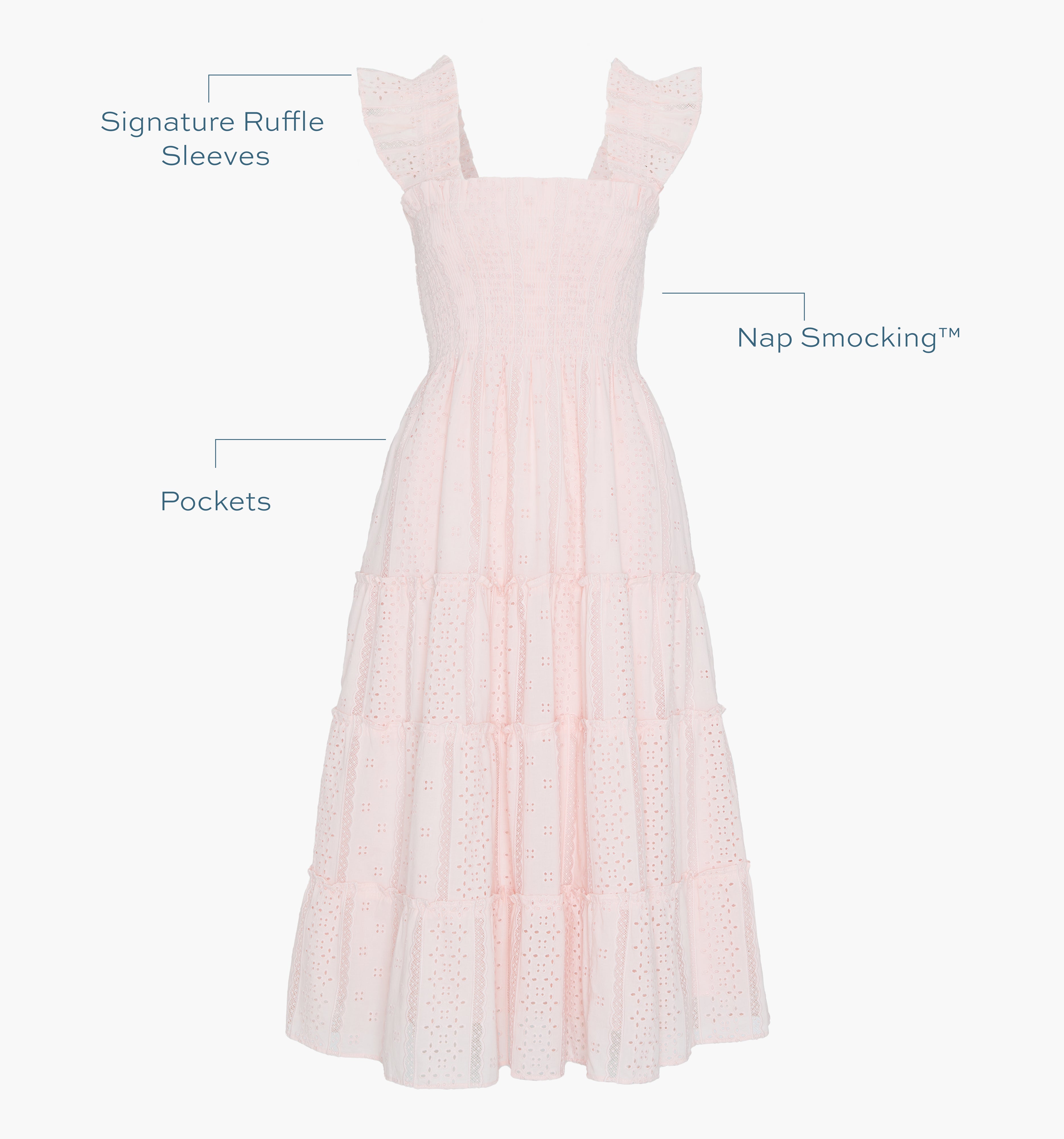 Image of a Nap Dress with text highlighting it's Signature ruffle sleeves, Nap Smocking™,  and Pockets color: Pink Broderie Voile