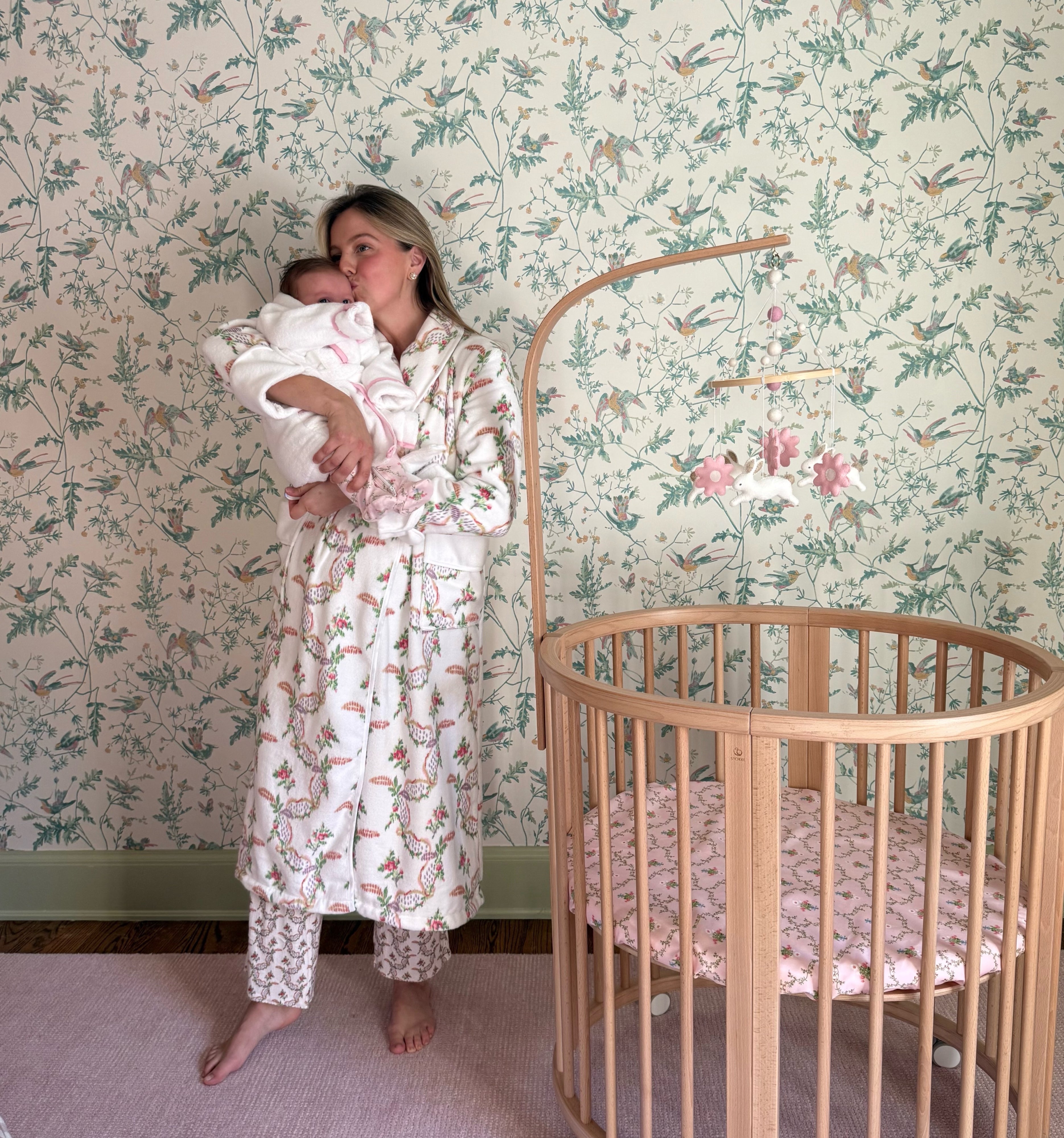@samanthavarvel wears The Hotel Robe in Pink Ribbon Rose Ikat color: Pink Ribbon Rose Ikat