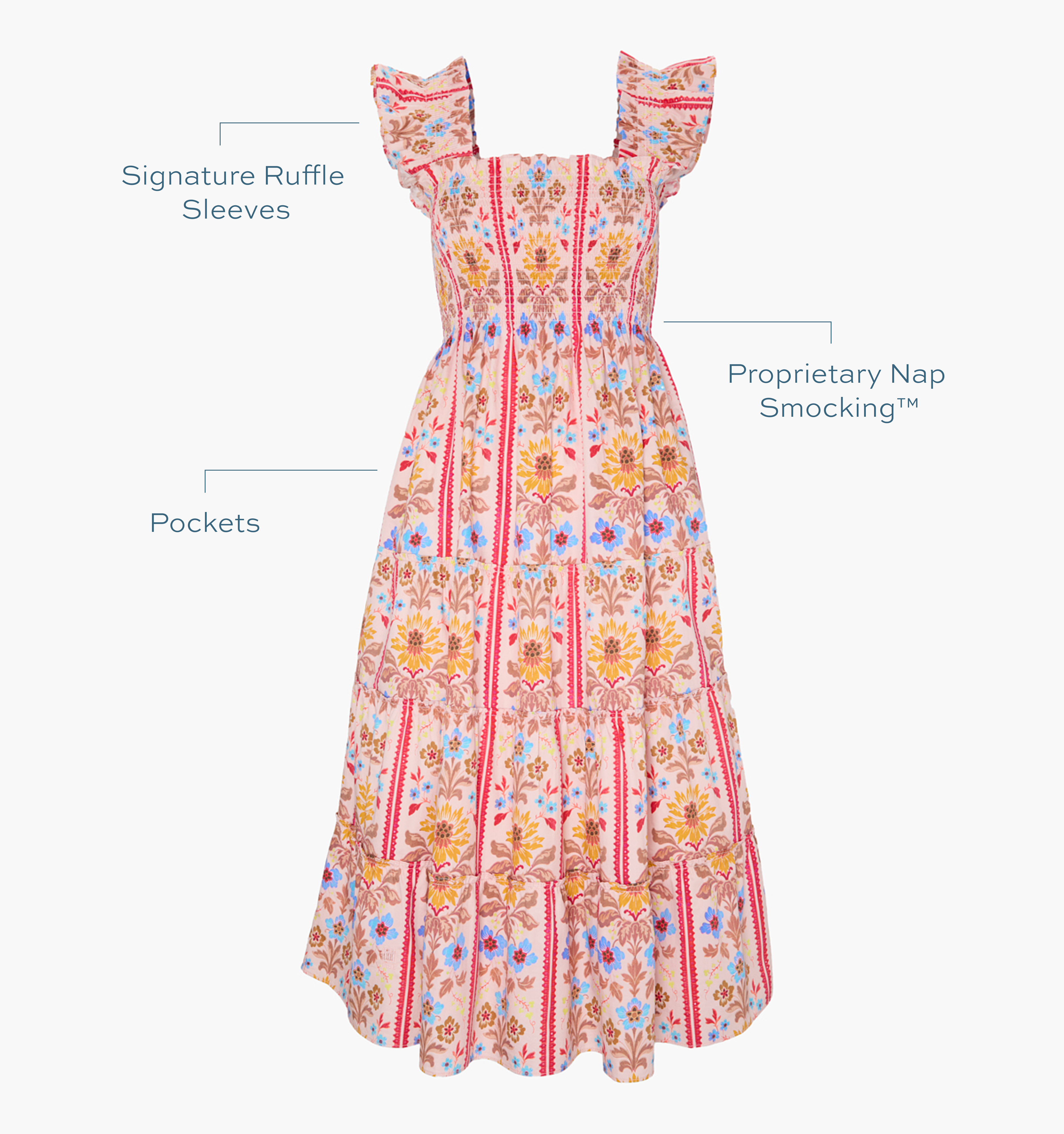 Signature ruffle sleeves, proprietary Nap Smocking™, Pockets color: pink floral block stripe