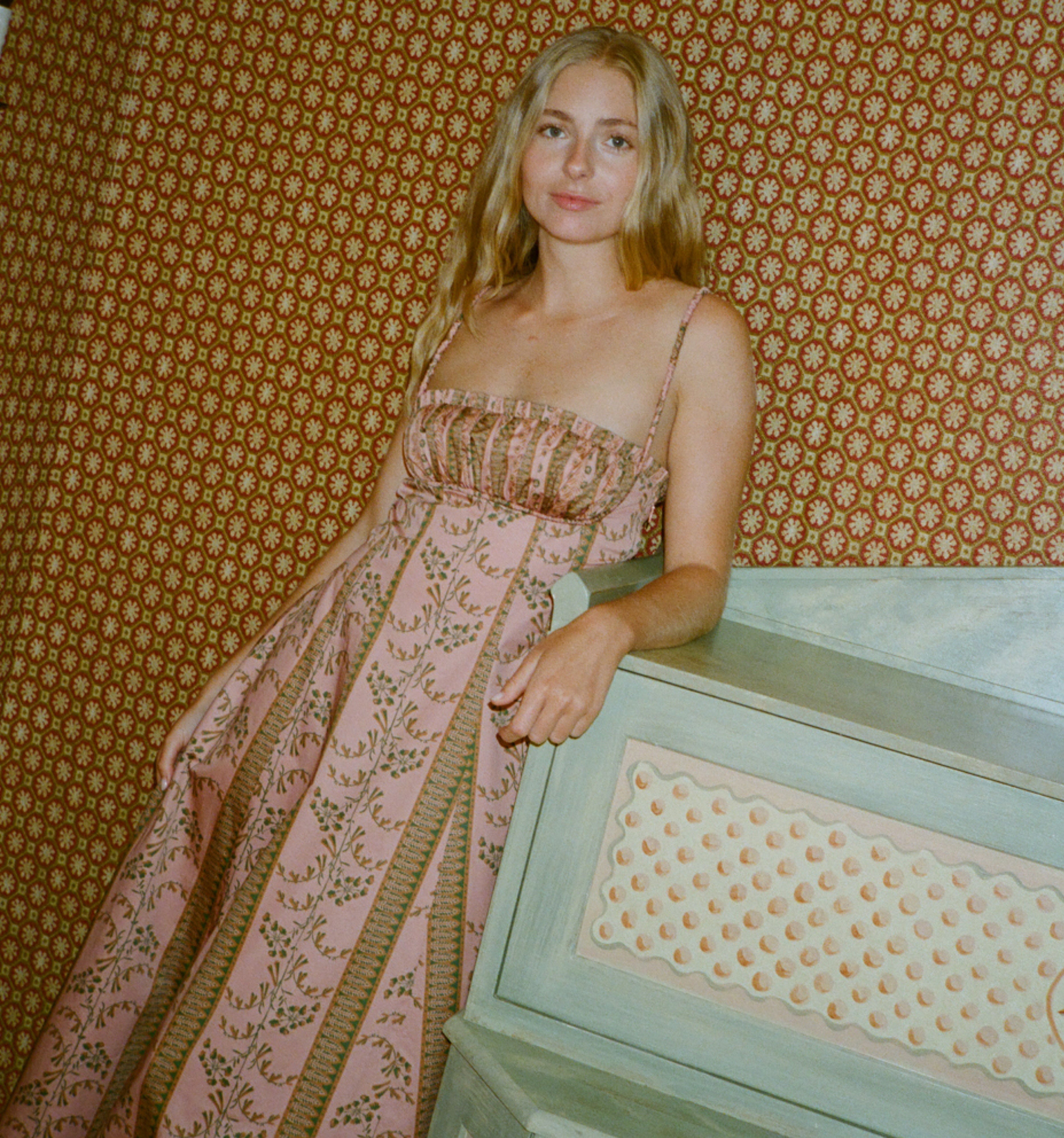 The Maisie Dress in Rust Dandelion Floral Stripe color: Rust Dandelion Floral Stripe