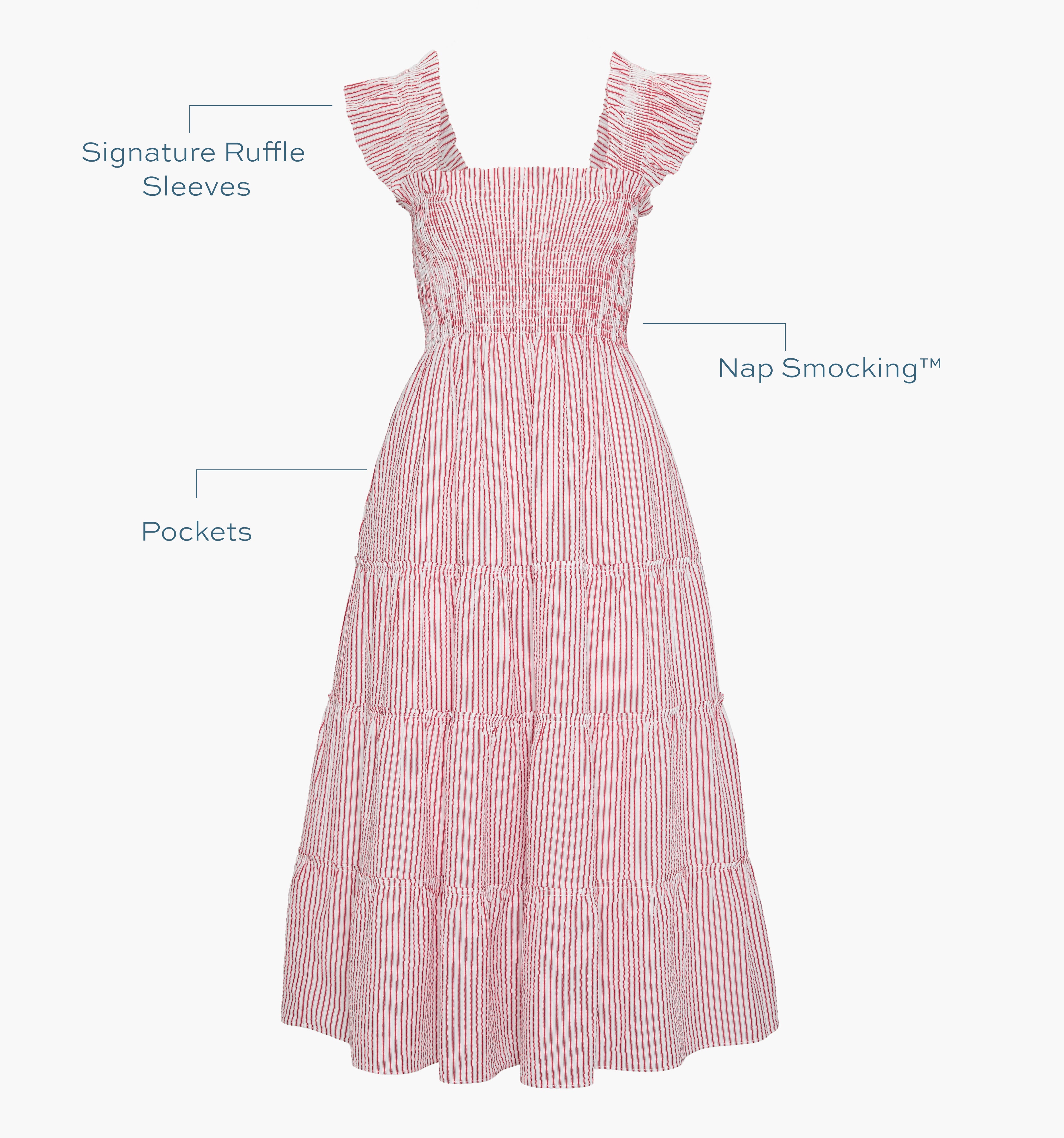 Image of a Nap Dress with text highlighting it's Nap Smocking™ color: Red Ticking Stripe