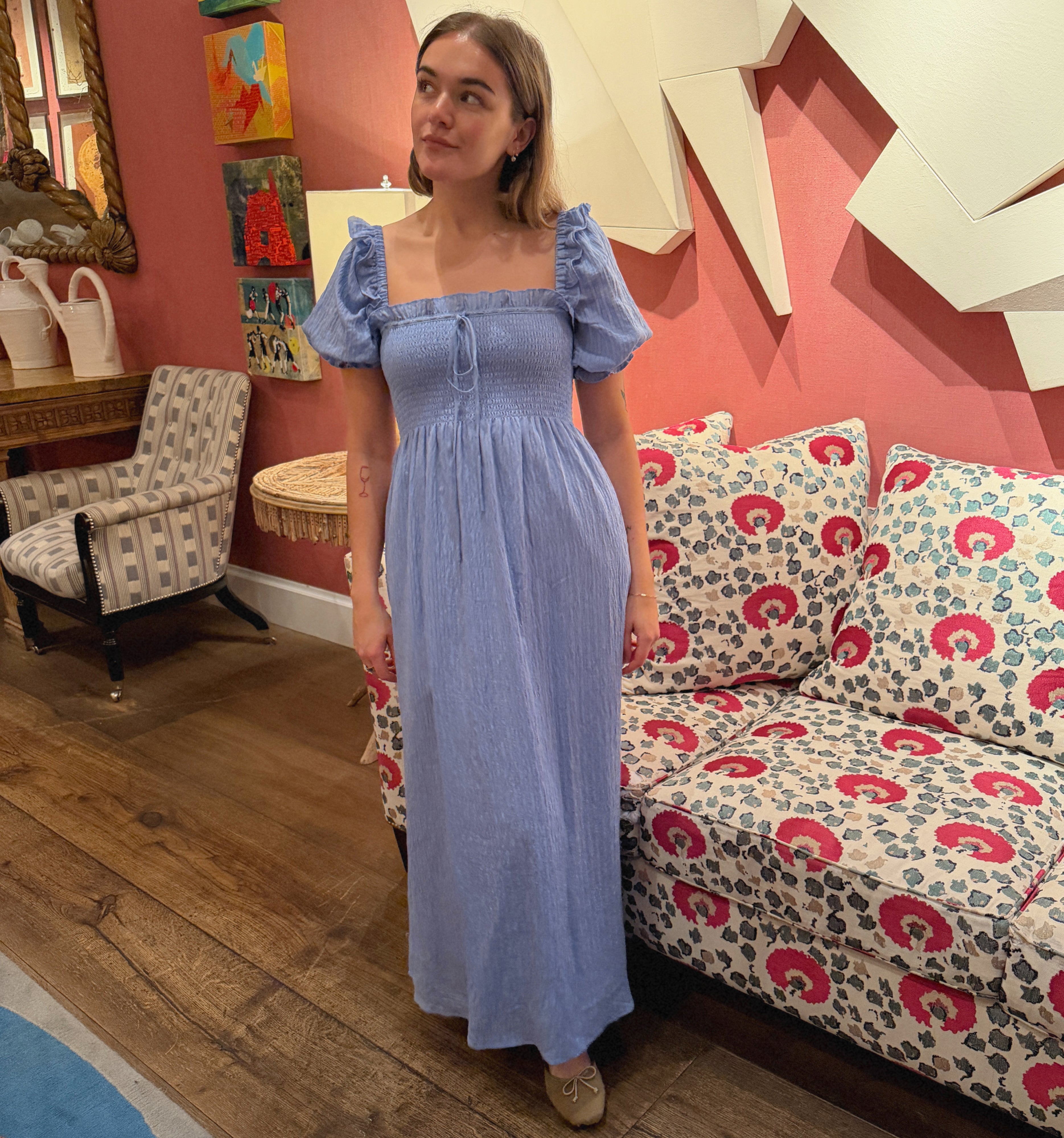 The Scarlett Nap Dress in Bluebird Tonal Seersucker color: Bluebird Tonal Seersucker