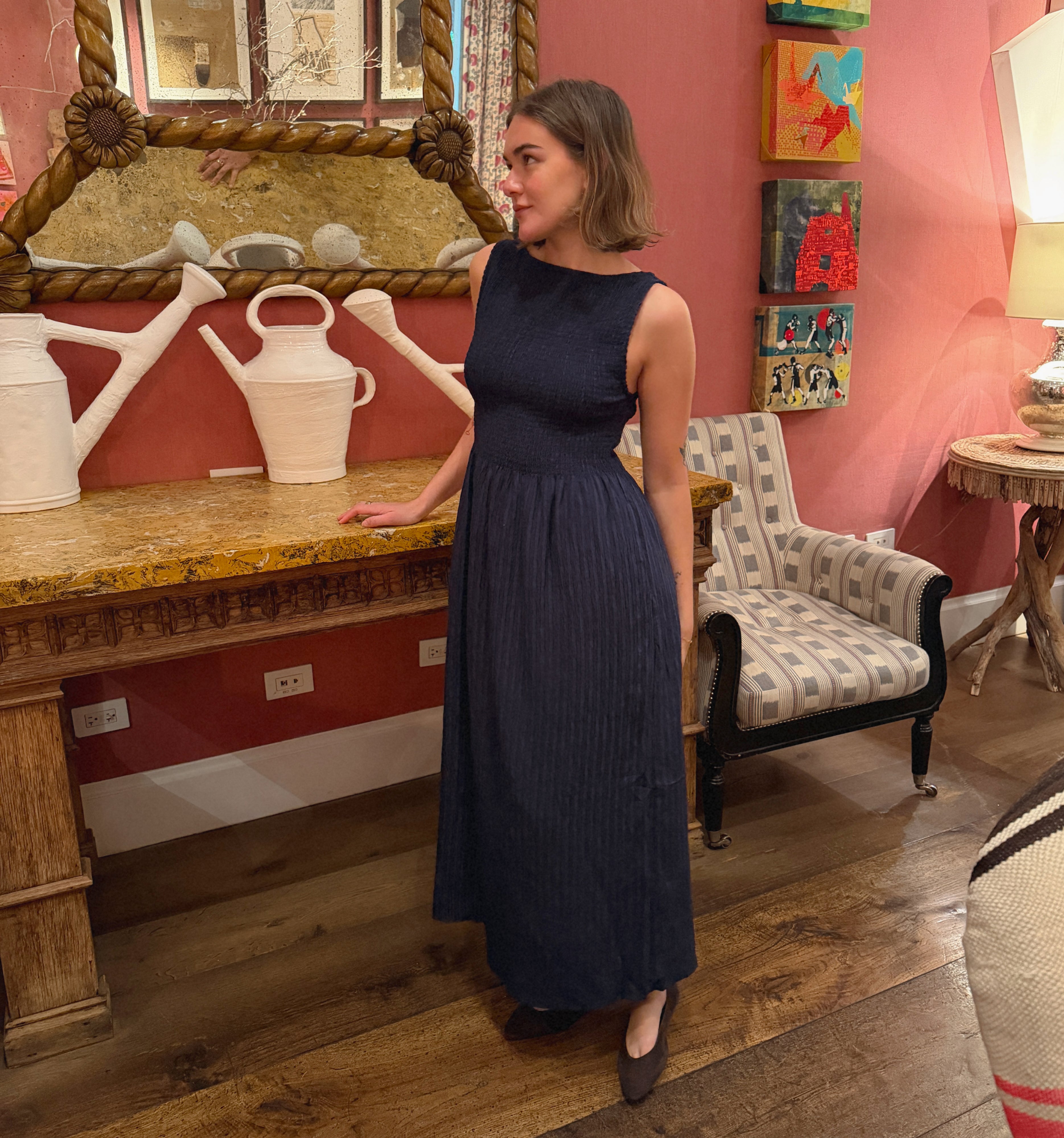 The Cosima Nap Dress - Navy Tonal Seersucker – Hill House Home