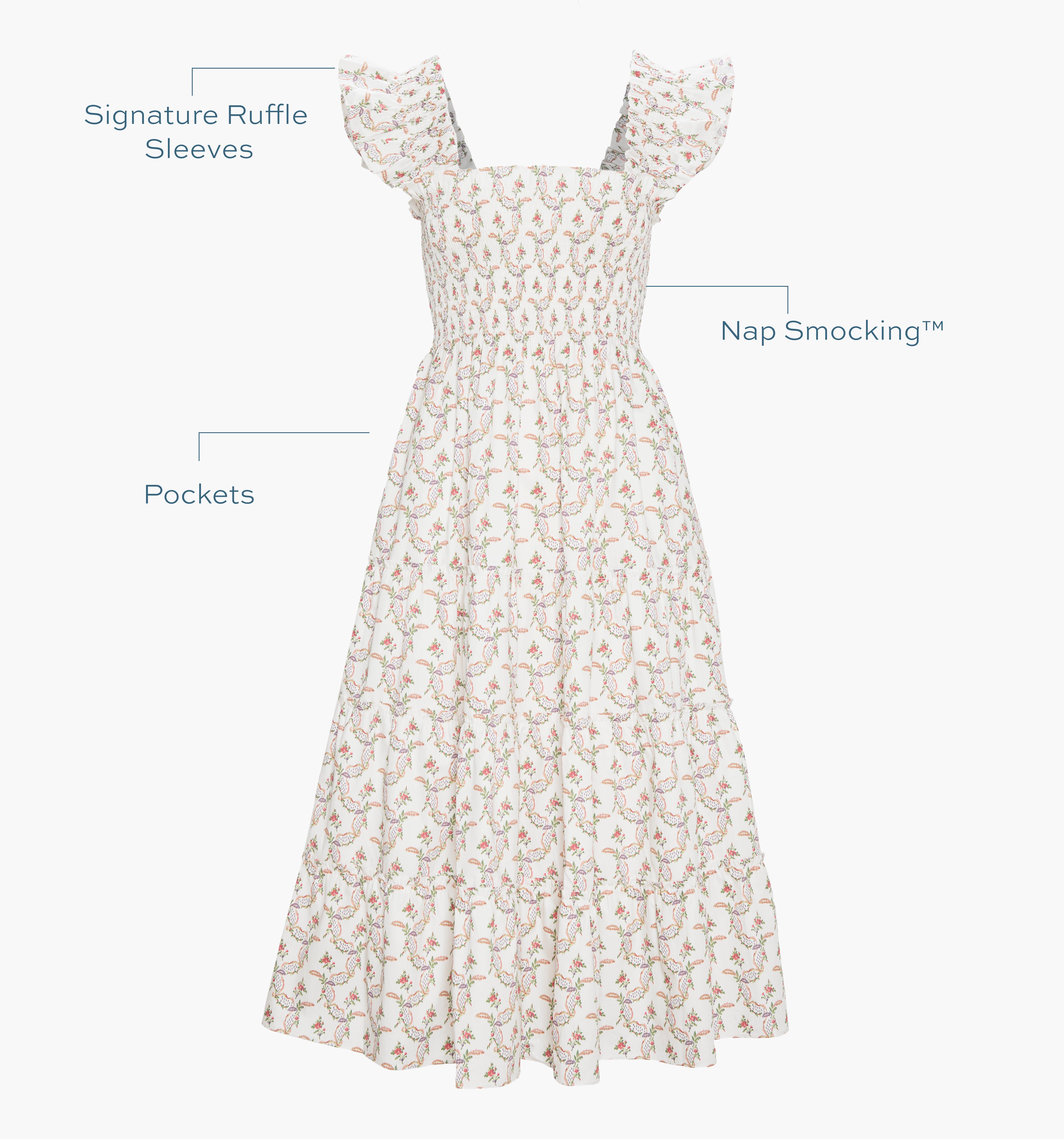 Image of a Nap Dress with text highlighting it's Signature ruffle sleeves, Nap Smocking™,  and Pockets color: Pink Ribbon Rose Ikat