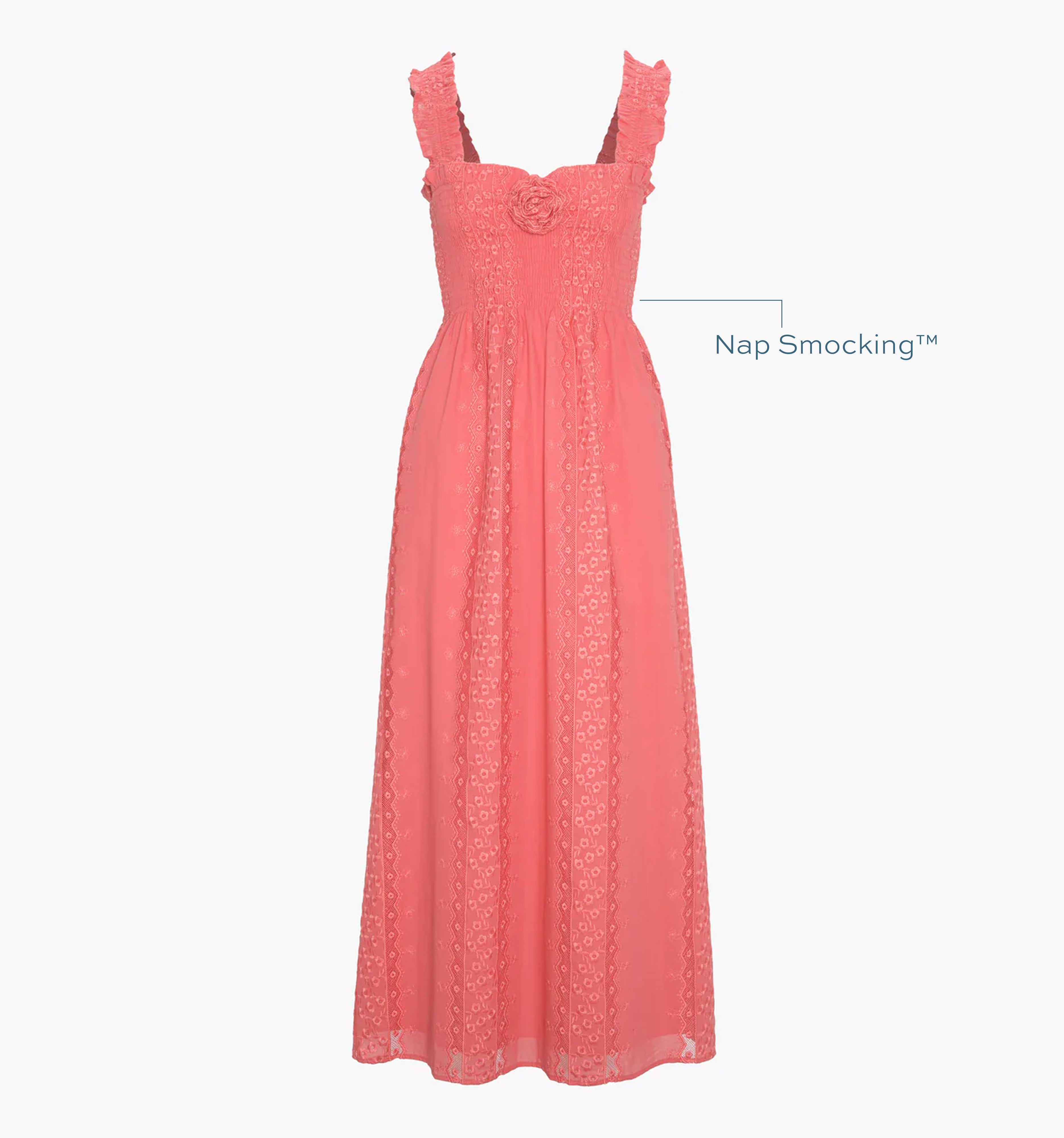 Image of a Nap Dress with text highlighting it's Nap Smocking™ color: Coral Voile Broderie