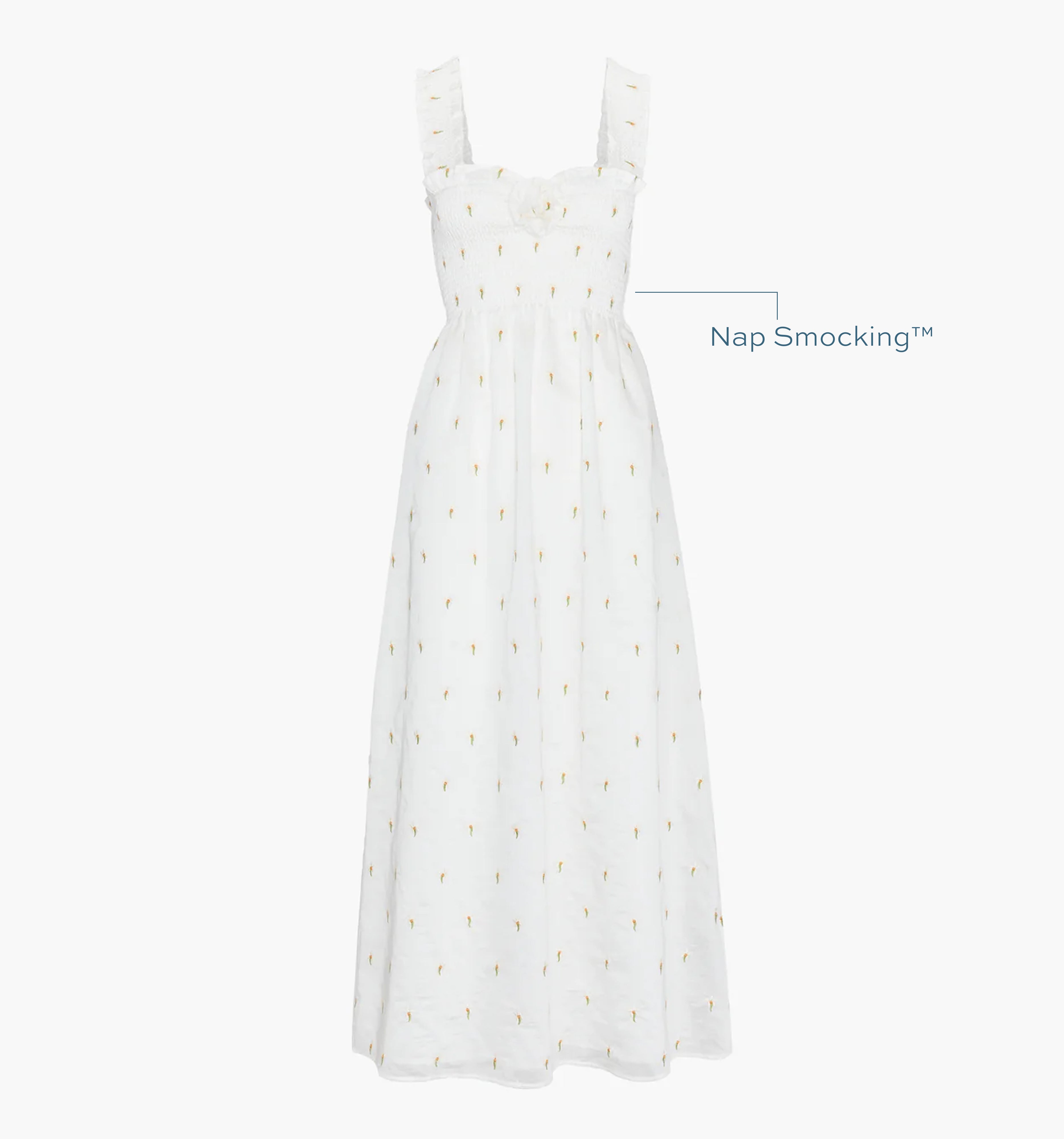 Image of a Nap Dress with text highlighting it's Nap Smocking™ color: Daisy Organza