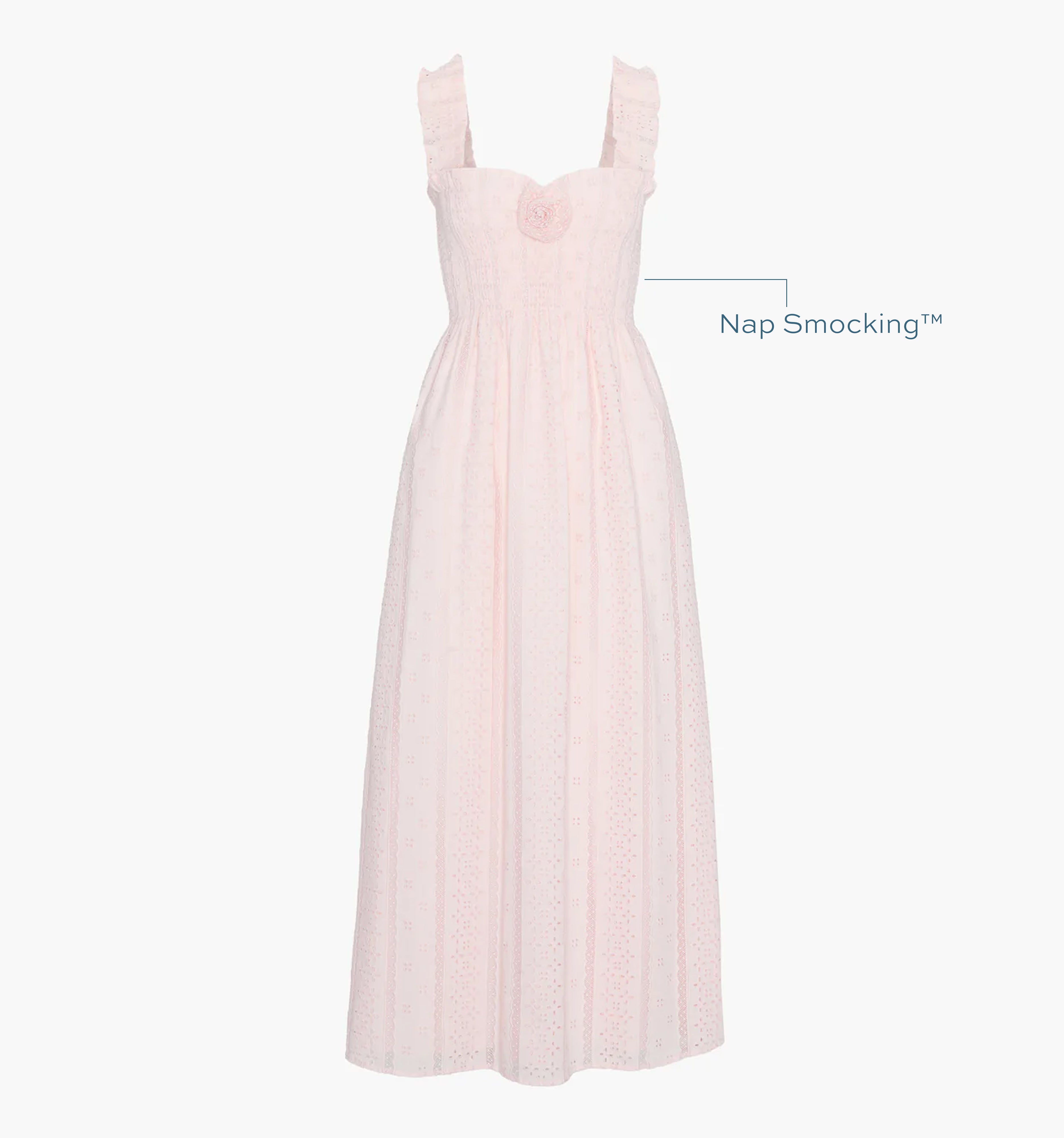 Image of a Nap Dress with text highlighting it's Nap Smocking™ color: Pink Broderie Voile