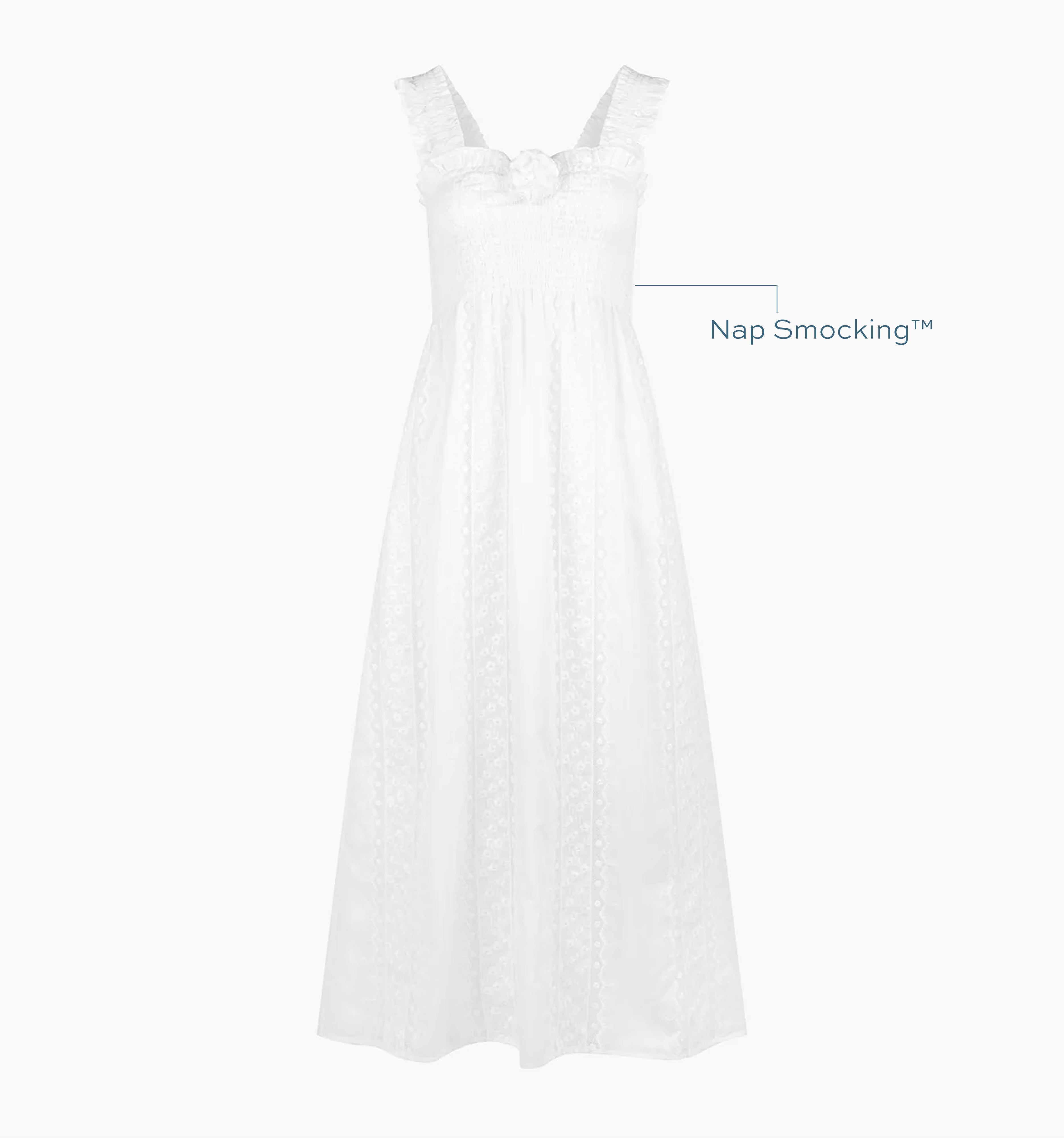 Image of a Nap Dress with text highlighting it's Nap Smocking™ color: White Broderie Voile
