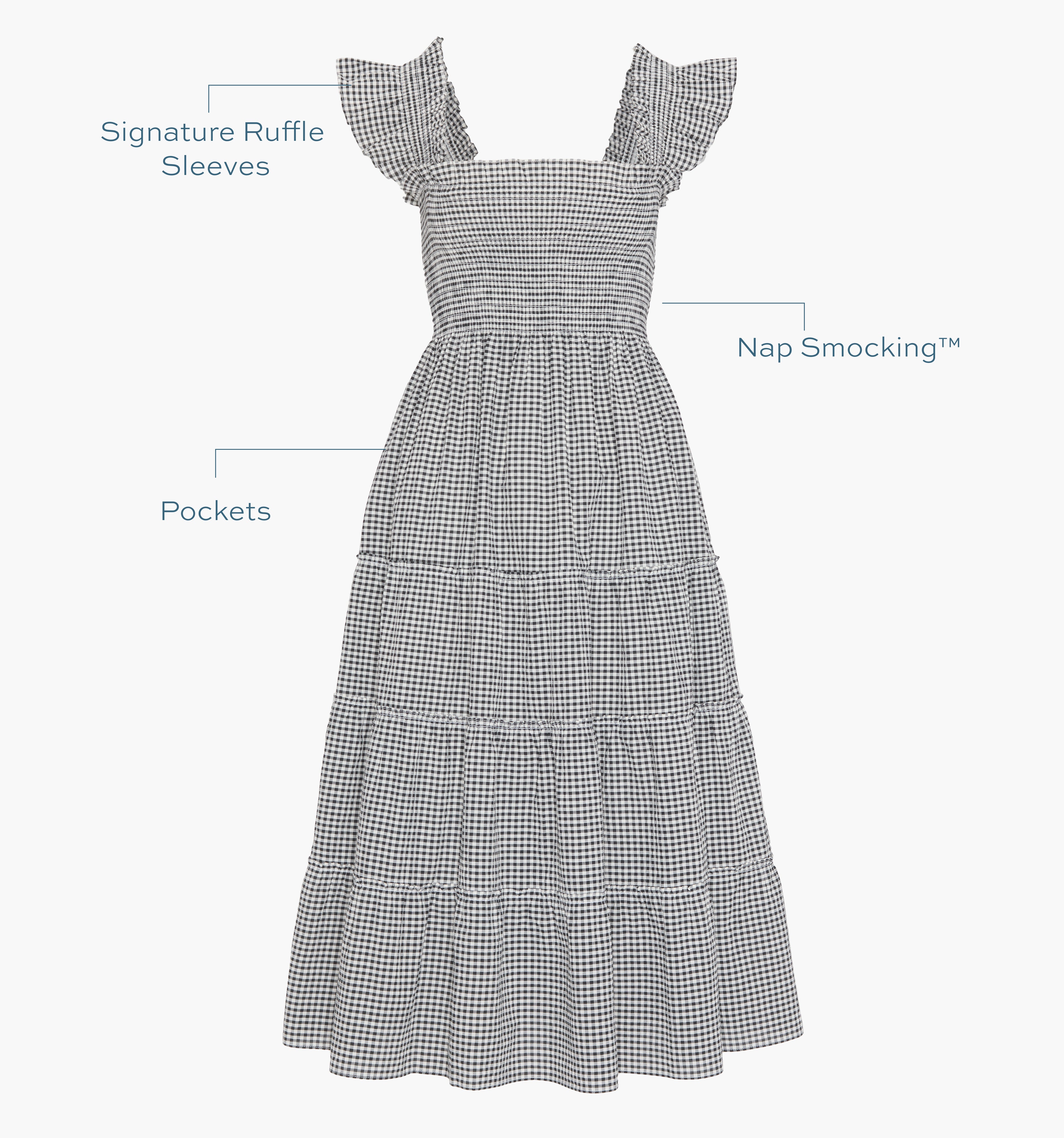 Image of a Nap Dress with text highlighting it's Signature ruffle sleeves, Nap Smocking™,  and Pockets color:  Black/Sand Gingham