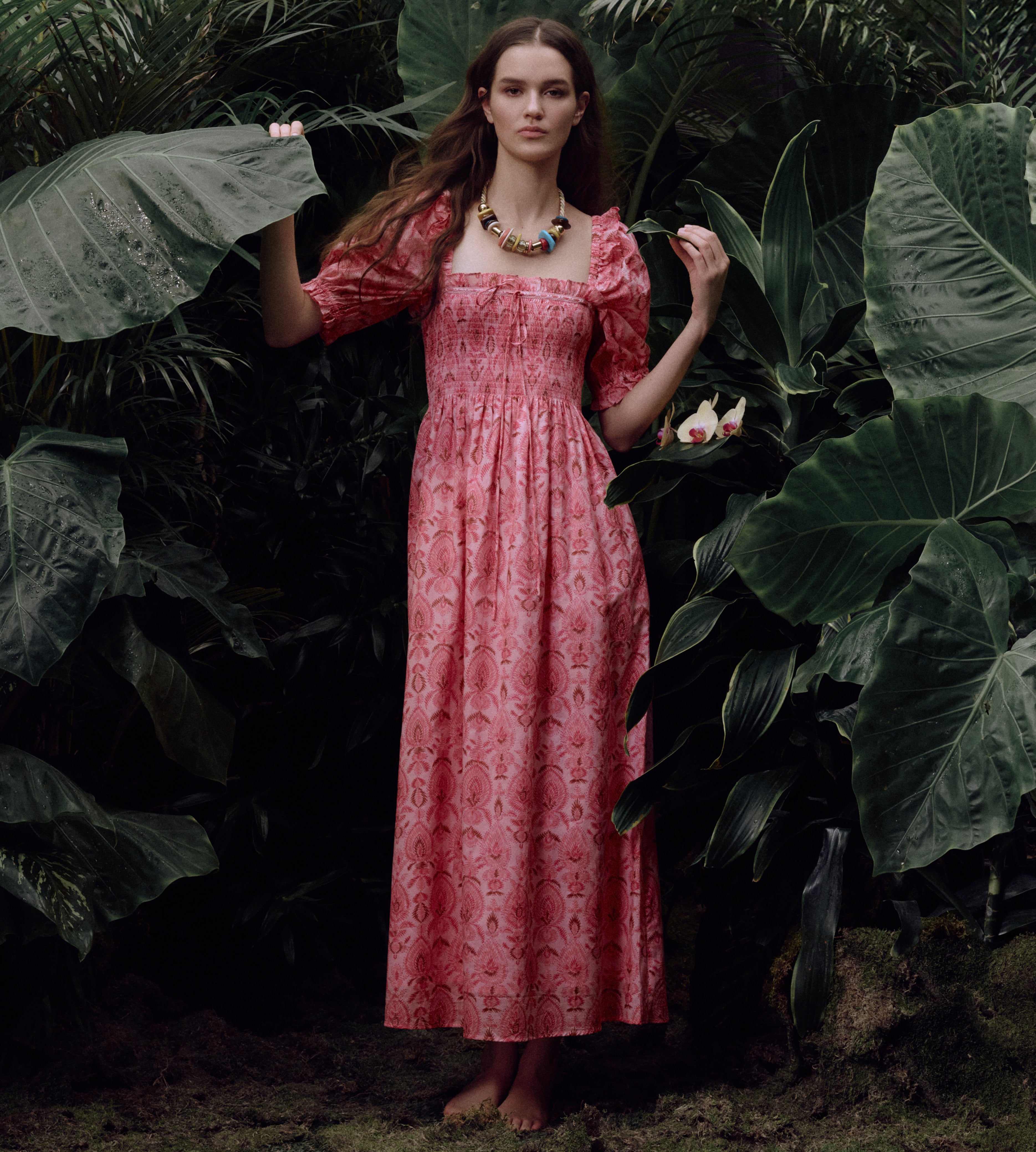The Scarlett Midi Nap Dress - Pink Palm Ikat