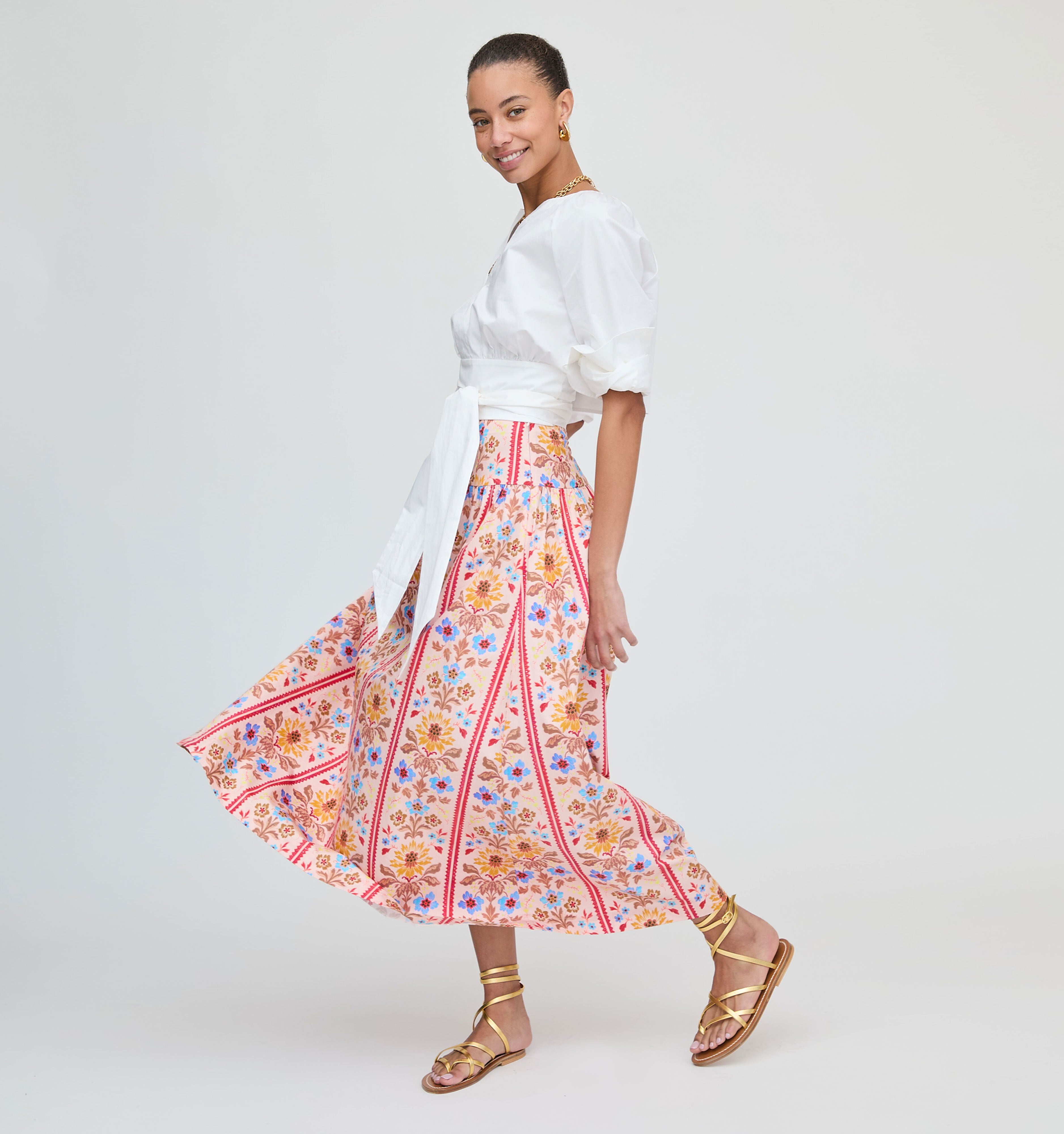The Kate Midi Skirt - Pink Floral Block Stripe