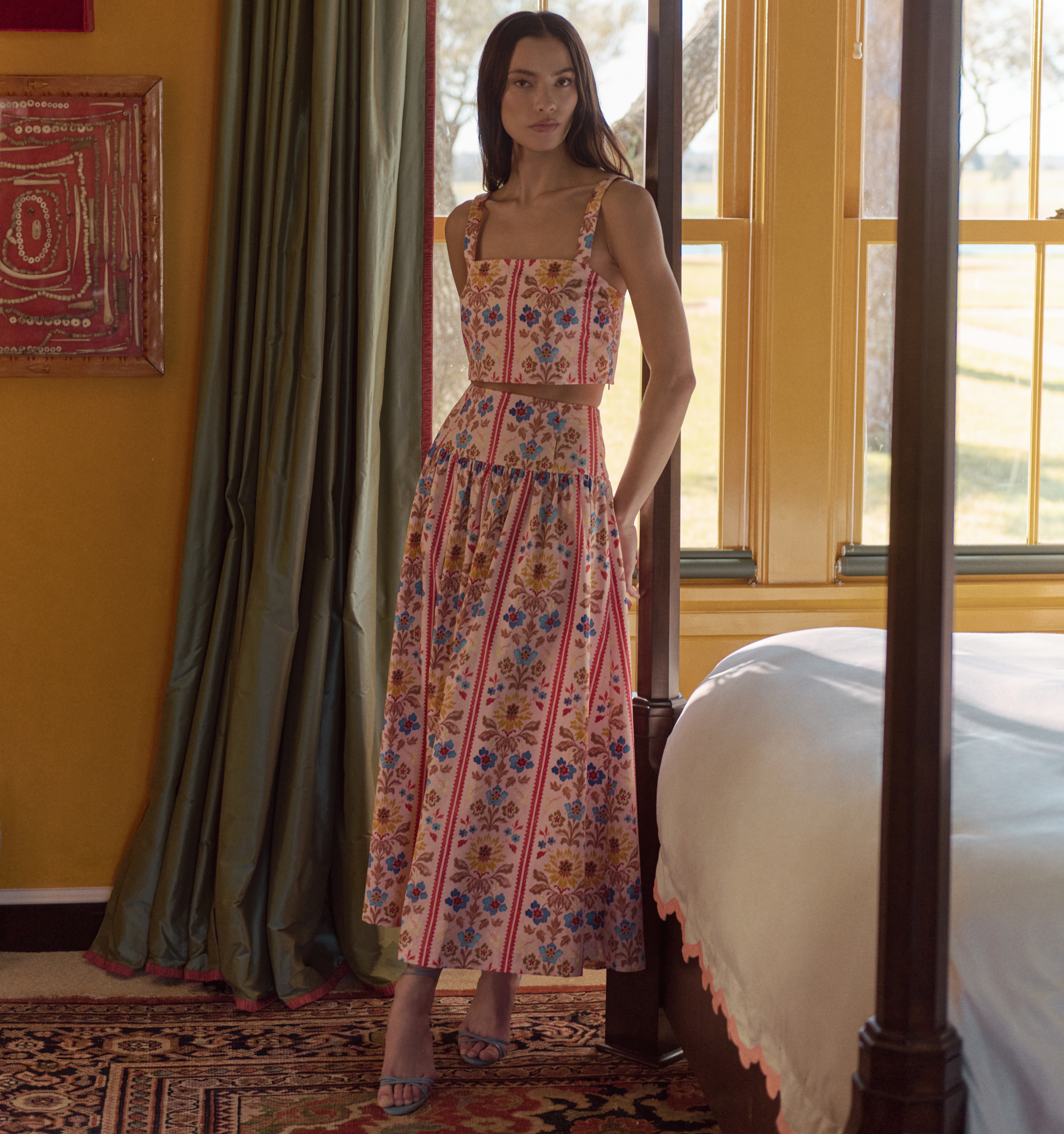 The Kate Midi Skirt - Pink Floral Block Stripe