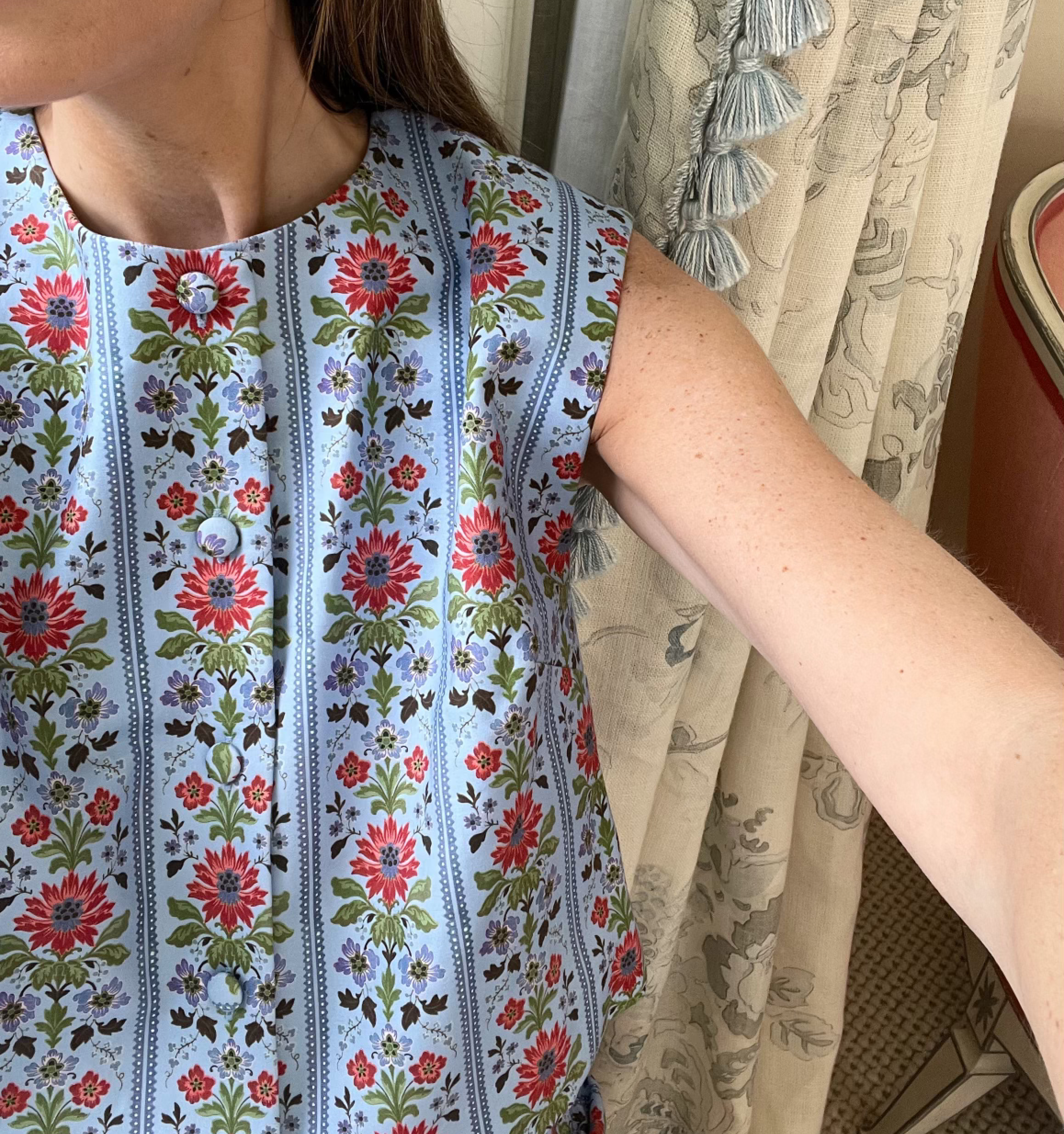 The Rosalie Top - Blue Floral Block Stripe