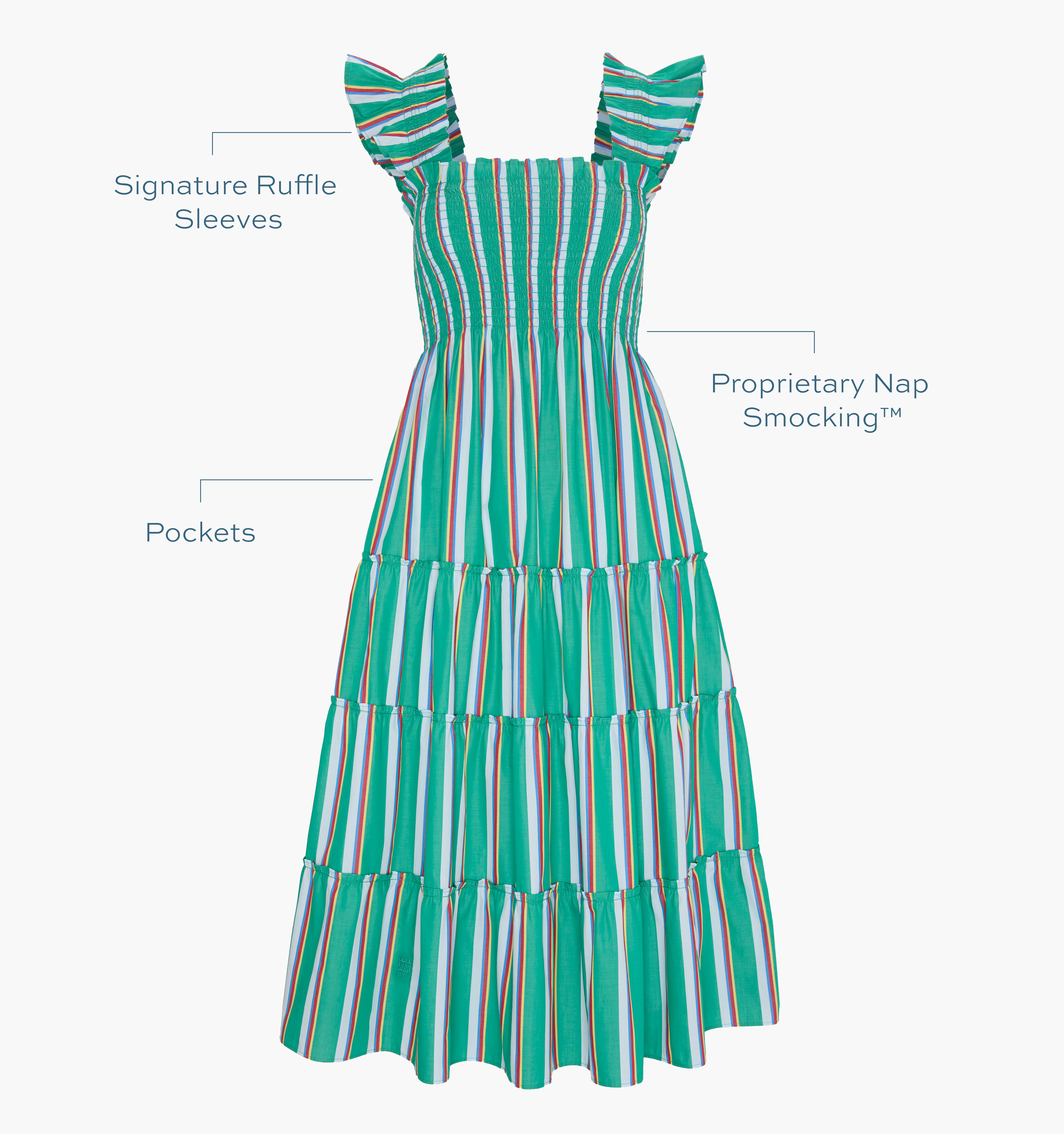 Signature ruffle sleeves, proprietary Nap Smocking™, Pockets color: sunset stripe