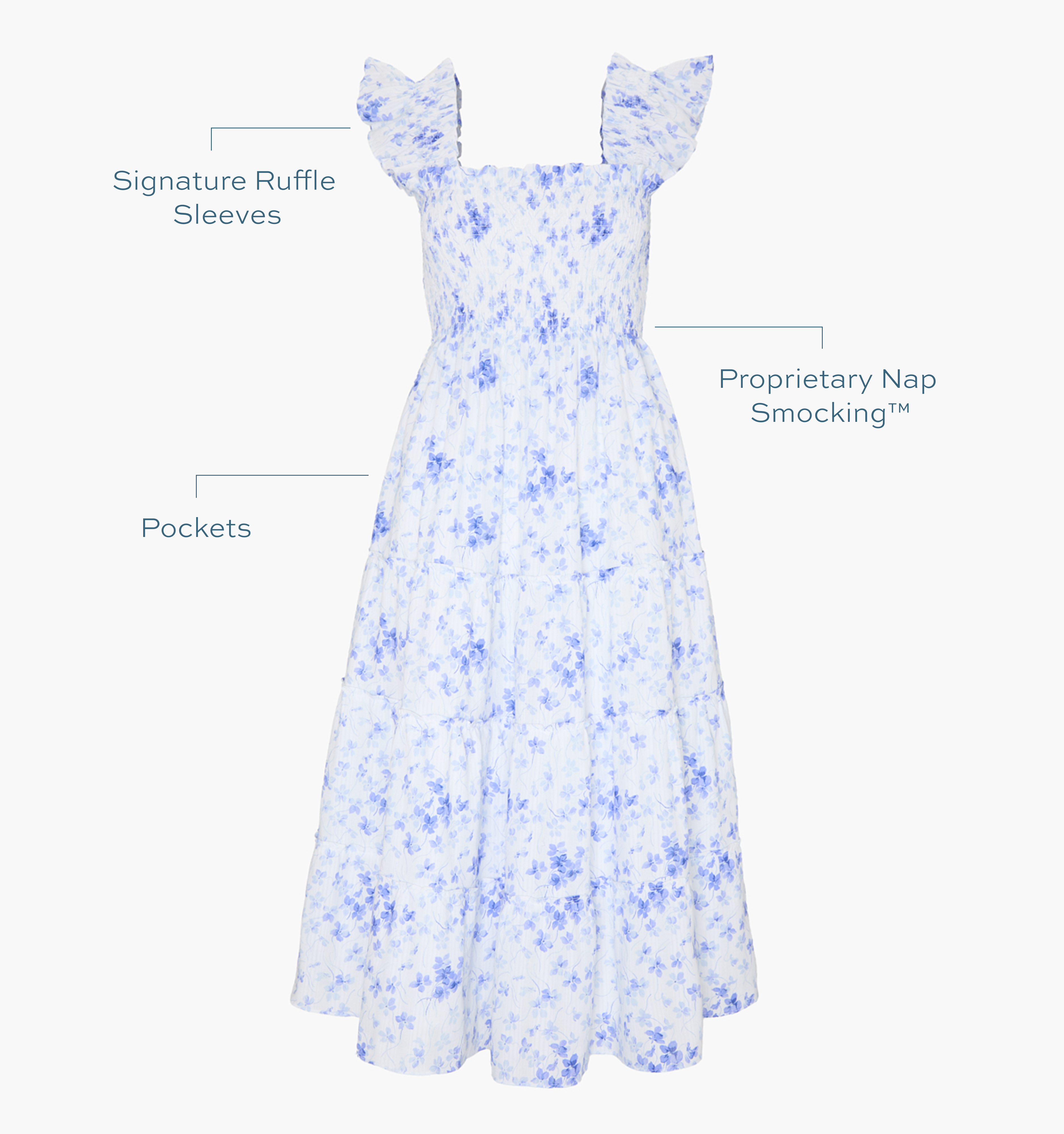 Signature ruffle sleeves, proprietary Nap Smocking™, Pockets color: blue sweet peas
