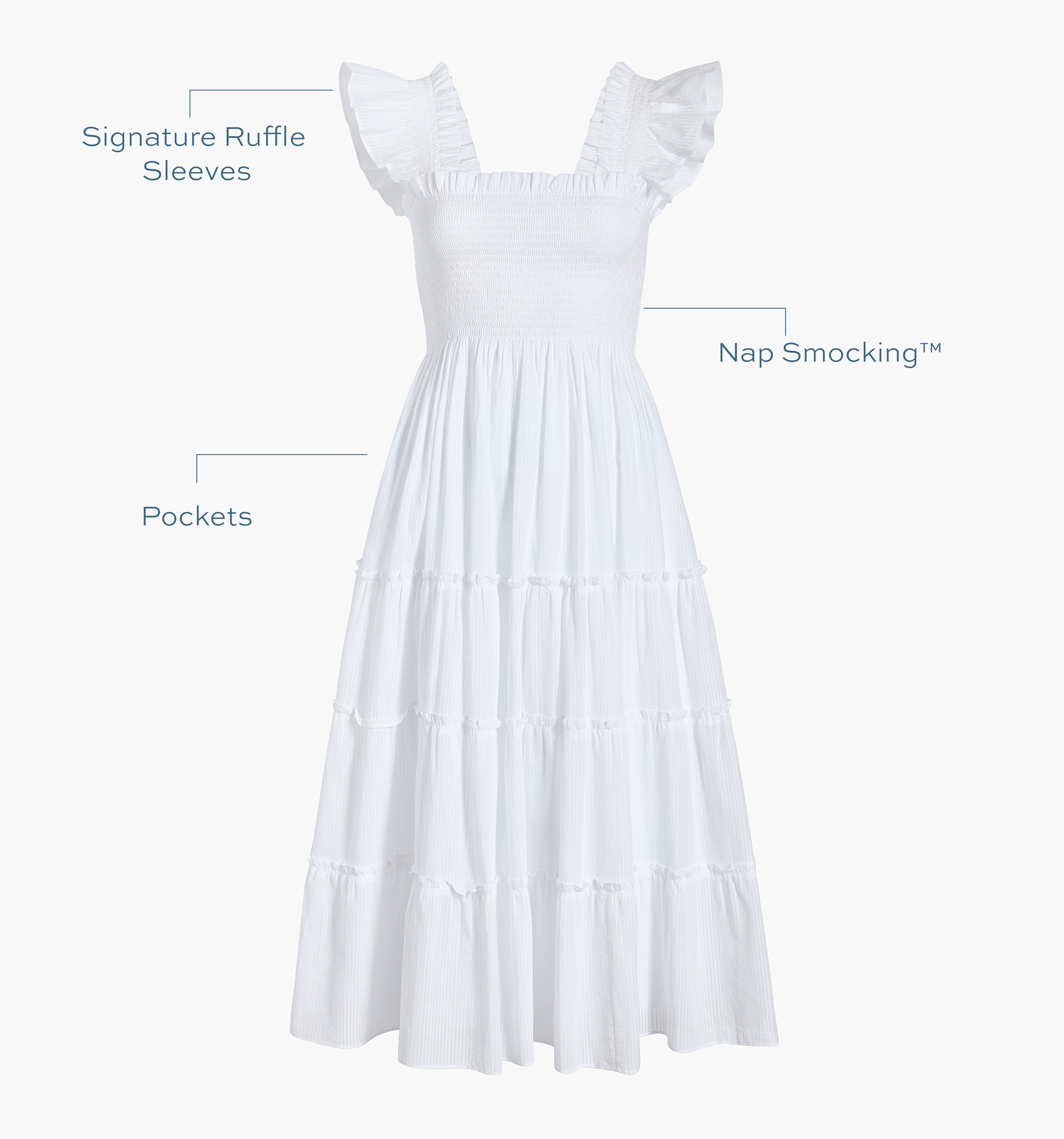Image of a Nap Dress with text highlighting it's Signature ruffle sleeves, Nap Smocking™,  and Pockets color: White Shadow Stripe