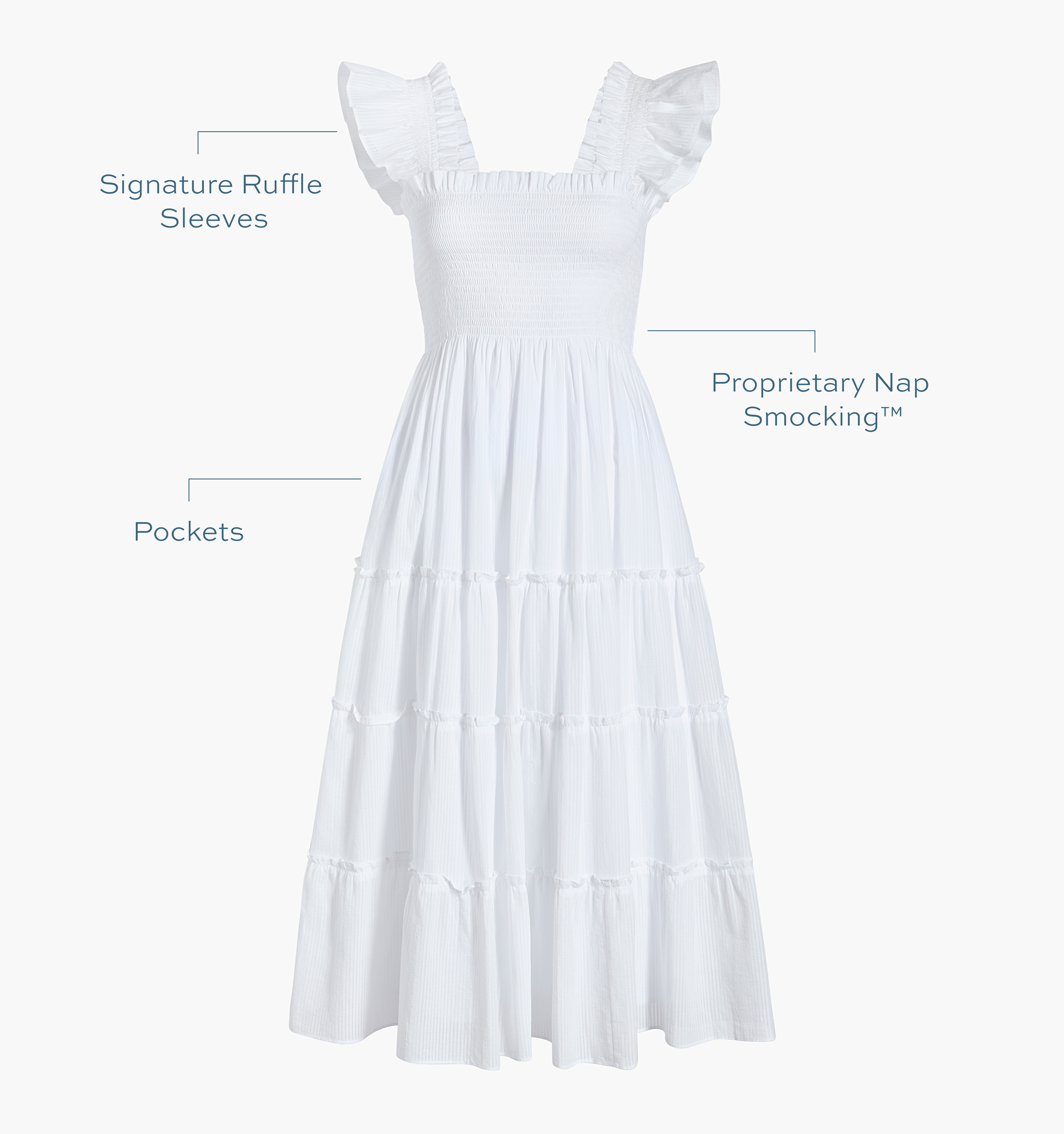 Signature ruffle sleeves, proprietary Nap Smocking™, Pockets color: white shadow stripe