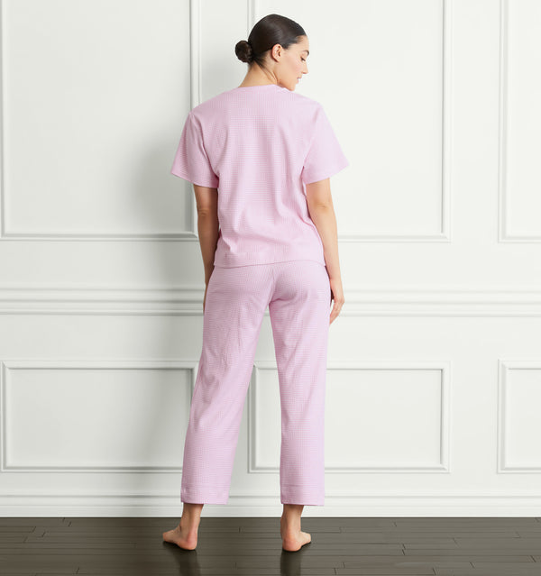Yvonne wears a size S in the Bubblegum Gingham color:bubblegum gingham
