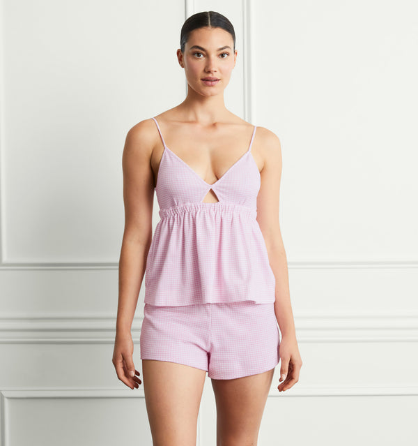 Yvonne wears a size S in the Bubblegum Gingham color:bubblegum gingham