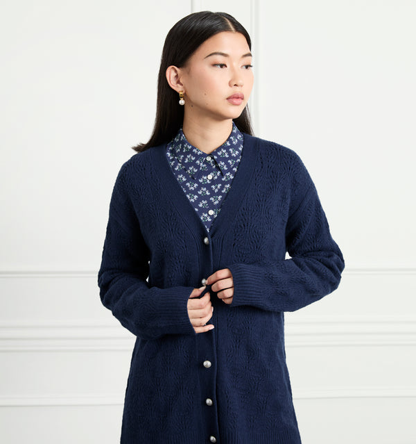 Sophia wears a size XS in the Navy Merino Wool color:navy merino wool