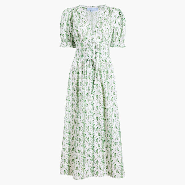 The Sabrina Dress Green Vine Stripe Cotton
