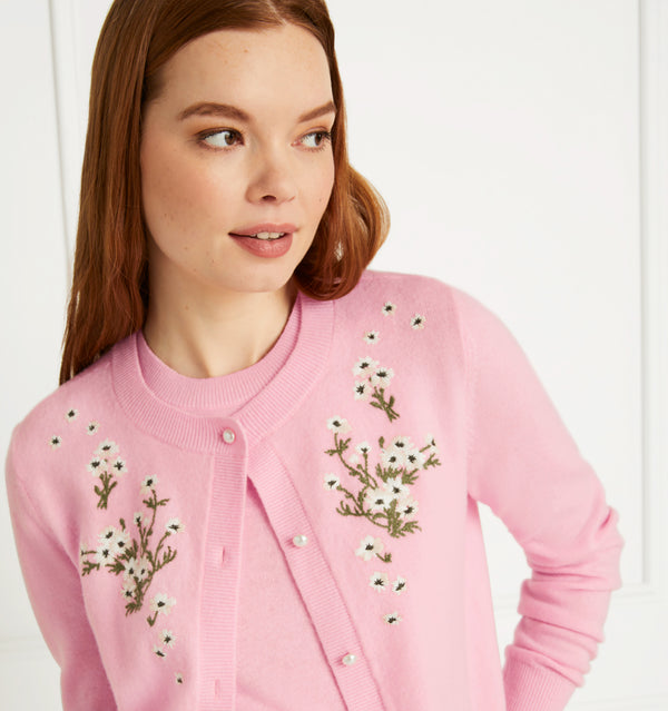 Anastasia wears and XS in the Pink Merino Wool with Embroidery color:Pink Merino Wool with Embroidery