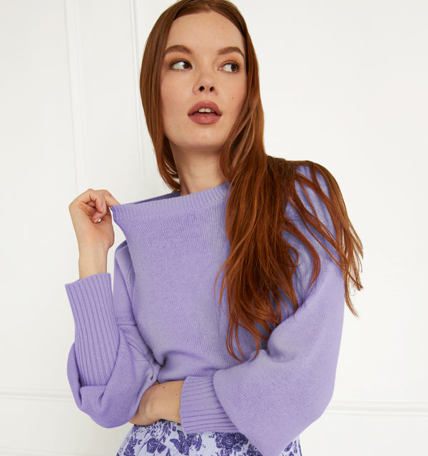 Anastasia wears and XS in the Lavender Merino Wool color:Lavender Merino Wool