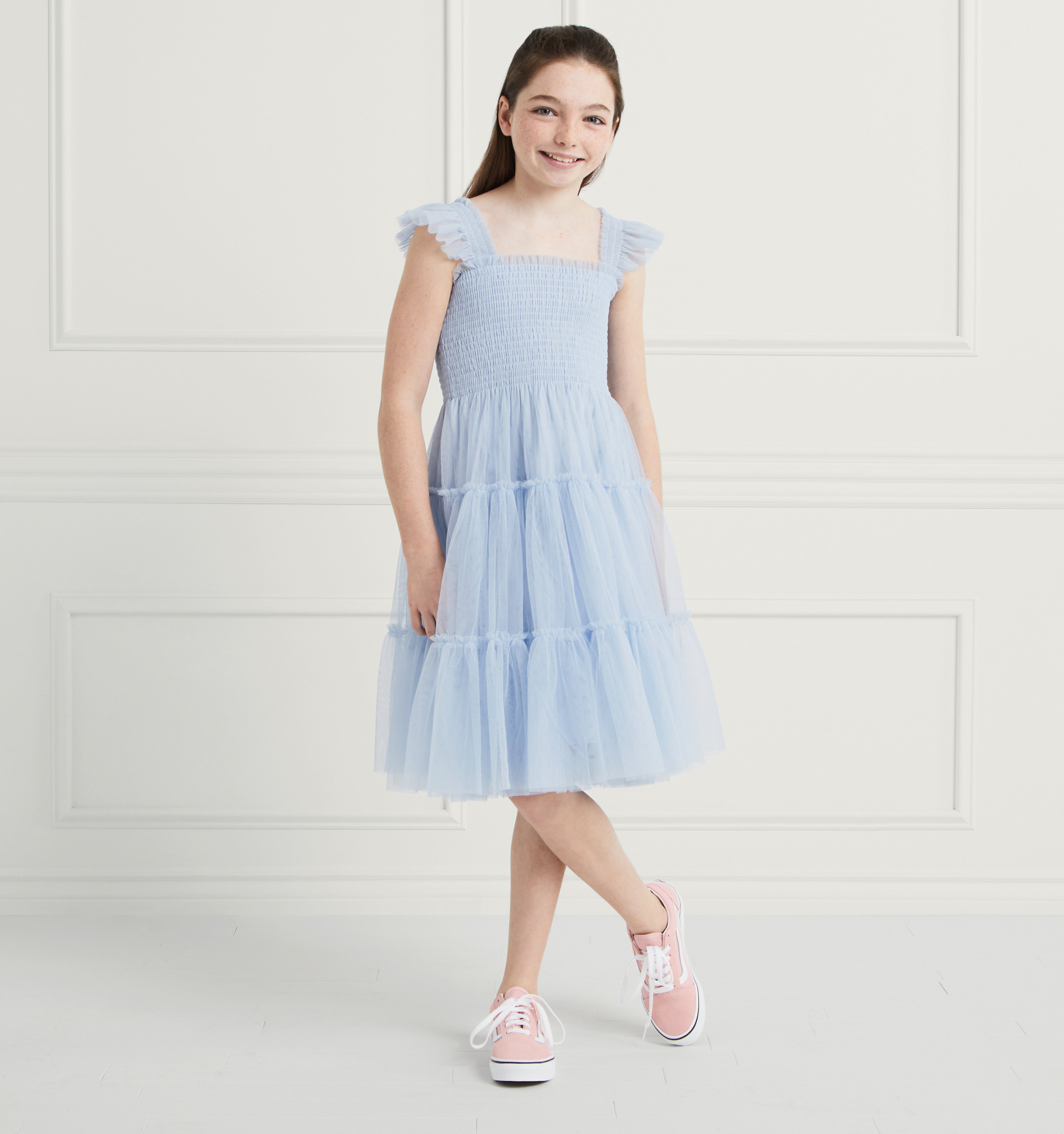 Kylie wears a 9-10Y in the Powder Blue Tulle color:powder blue tulle
