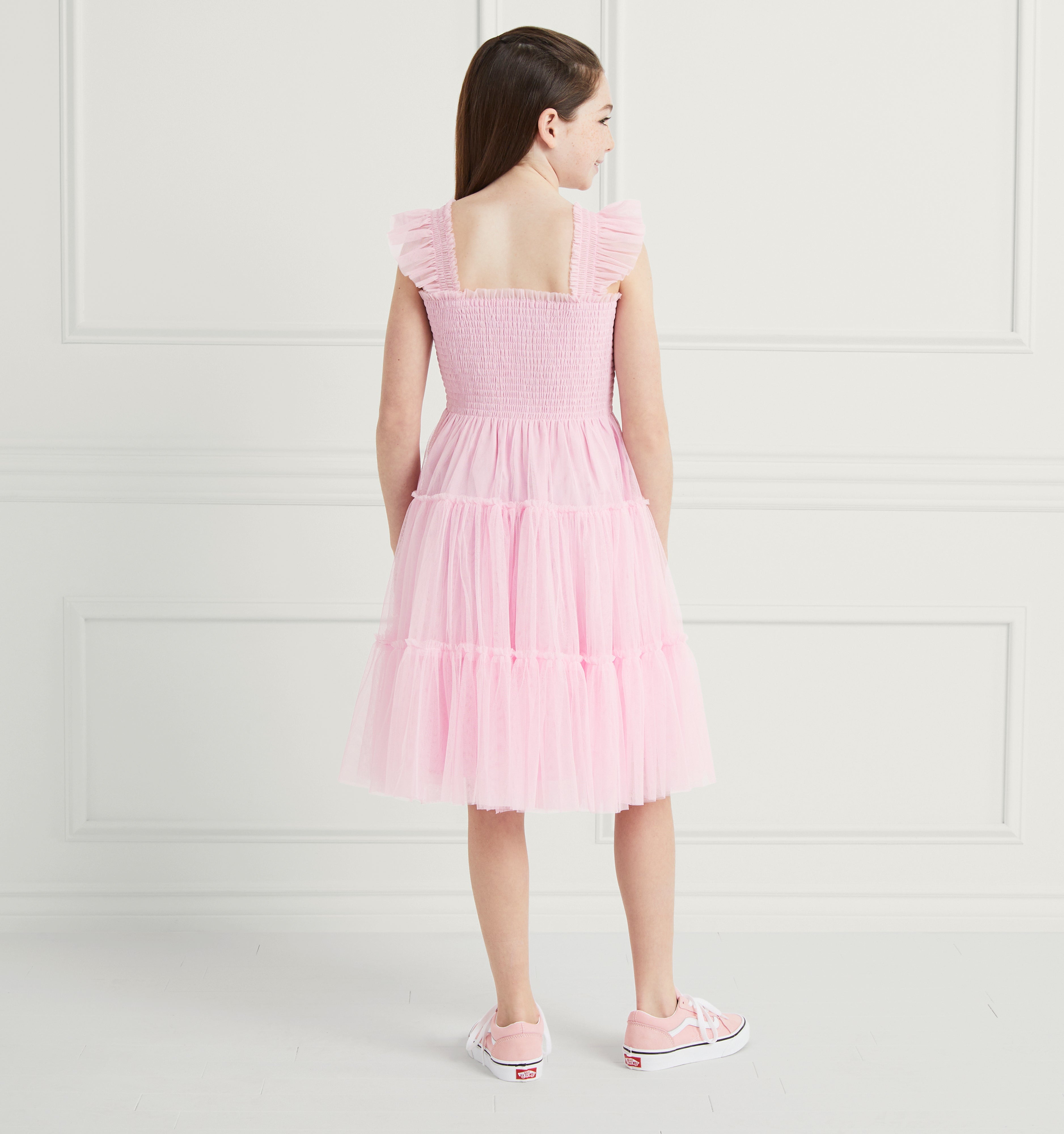Kylie wears a 9-10Y in the Pink Tulle color:pink tulle 