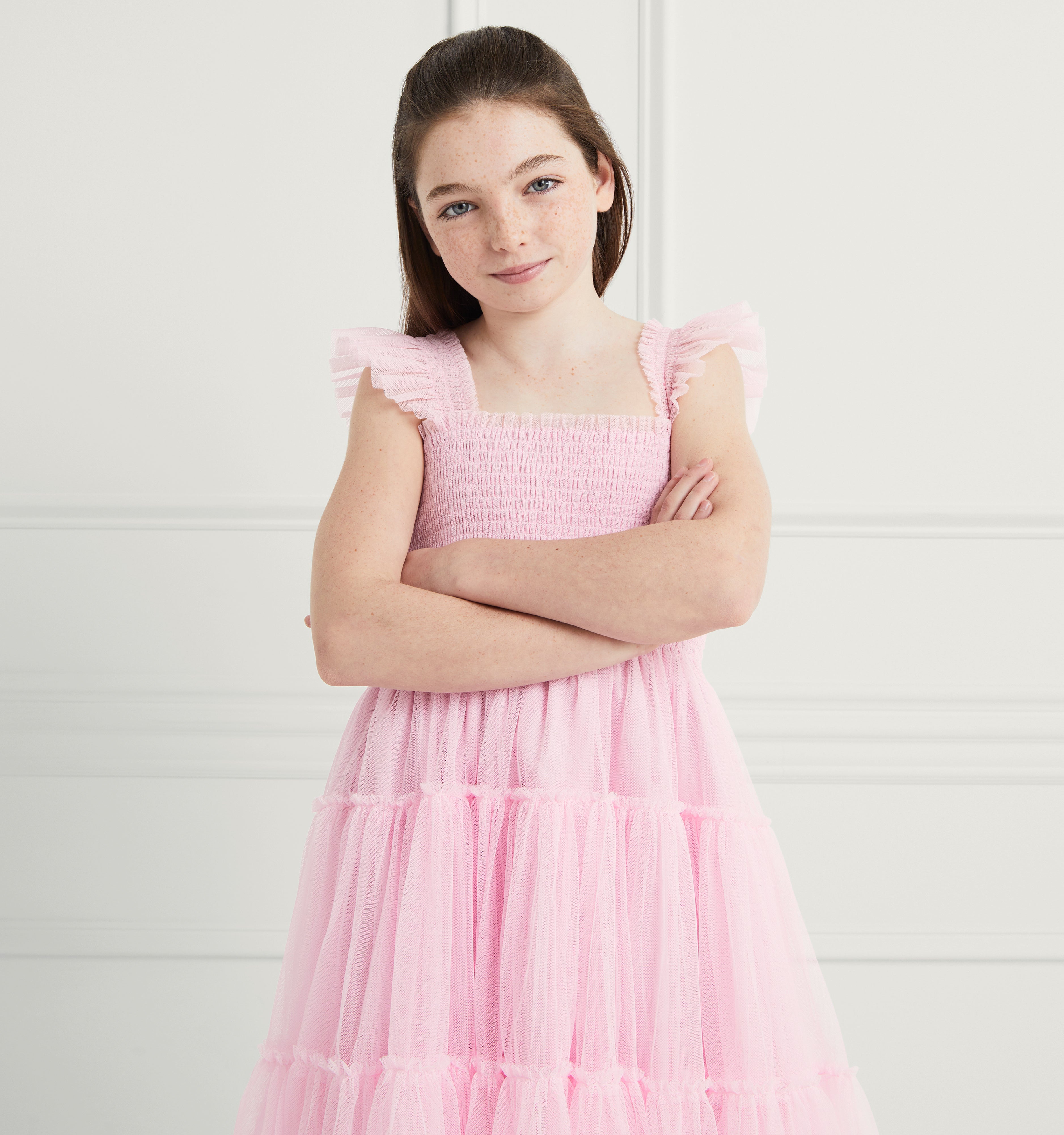 Kylie wears a 9-10Y in the Pink Tulle color:pink tulle 