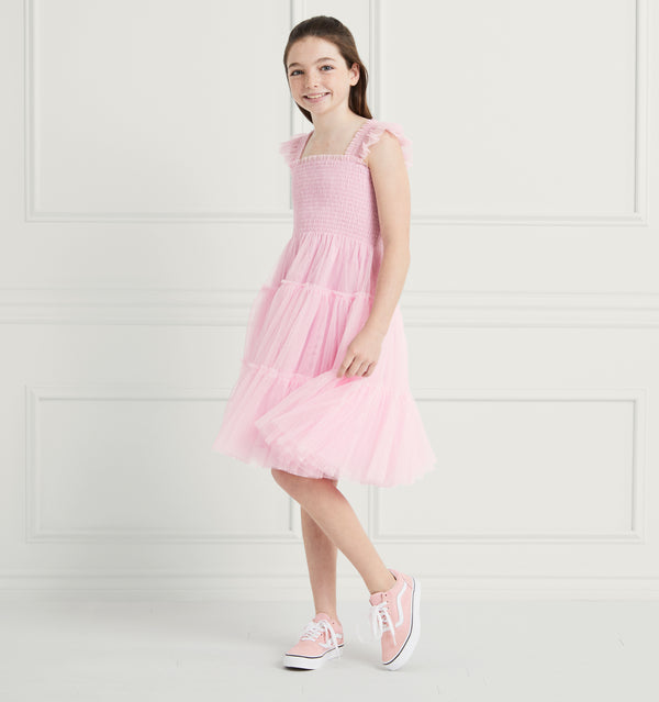 Kylie wears a 9-10Y in the Pink Tulle color:pink tulle 